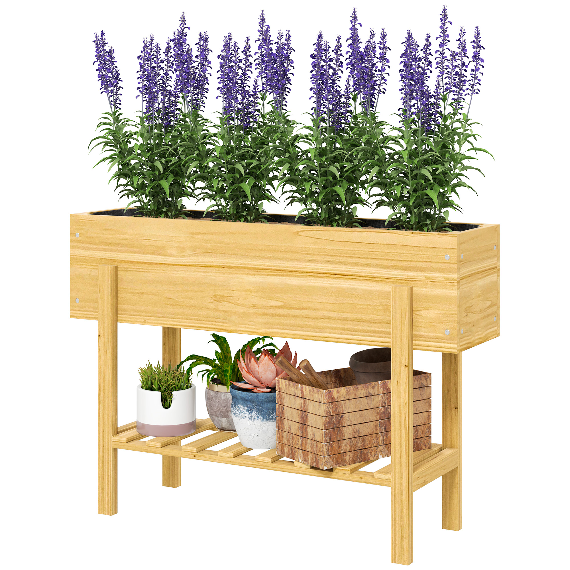 Blumenkasten mit unterem Regal, Holzbeet mit Vlies-Auskleidung und Entwässerungslöchern, 100 x 30 x 70,5 cm, Naturholz