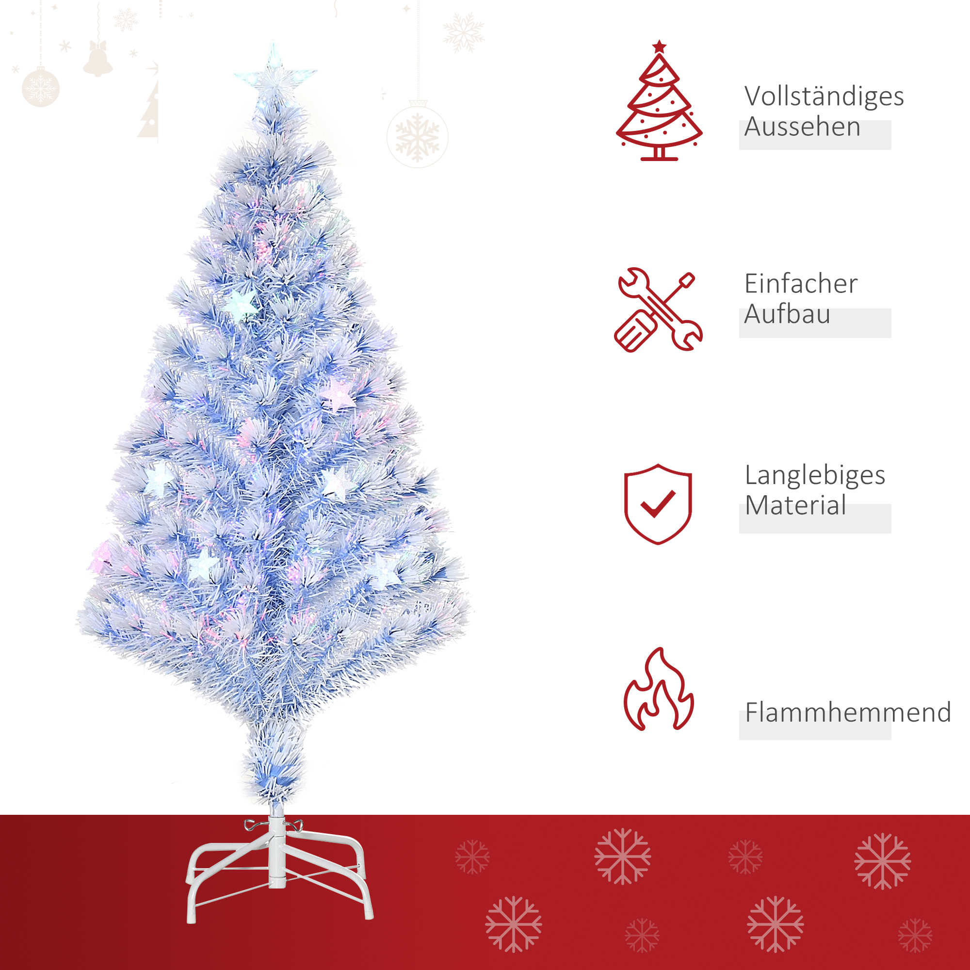 Künstlicher Weihnachtsbaum 120 cm Christbaum künstlich mit Glasfaser und LED-Beleuchtung, 130 Spitzen Tannenbaum inkl. Stahlständer für Drinnen Weiß+Blau