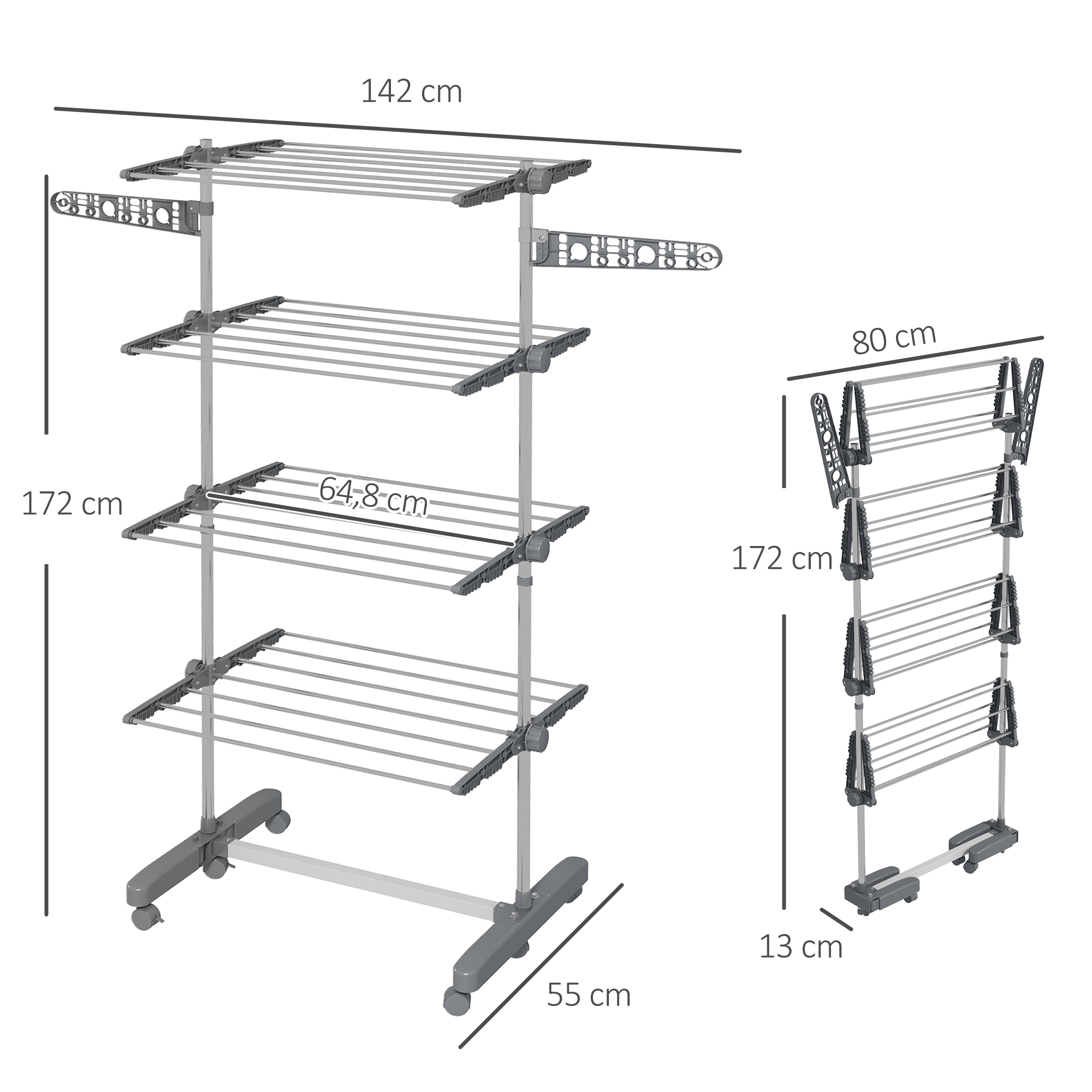 Wäschenständer Wäschetrockner 5 Ebenen, klappbar, One-Klick-System, 142 cm x 55 cm x1 72 cm, Grau + Silber