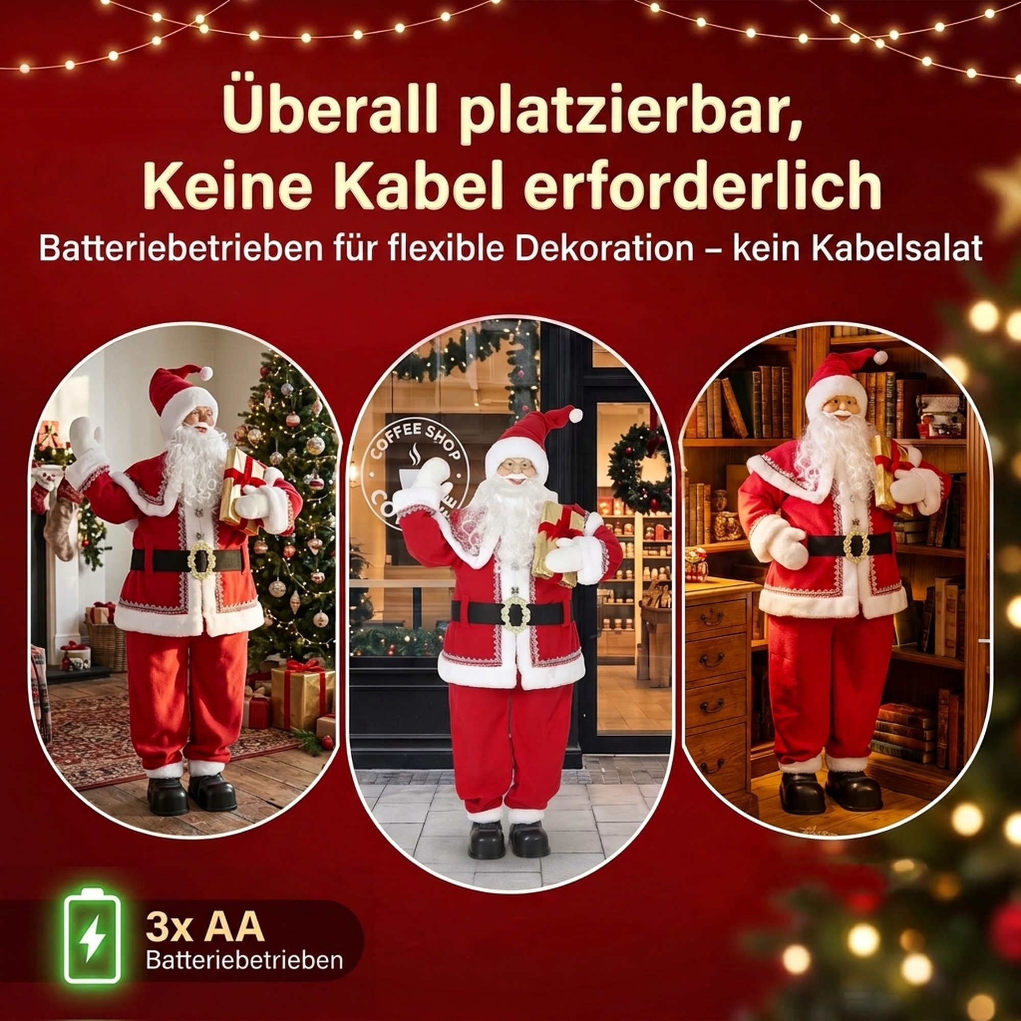 Lebensgroßer singender Weihnachtsmann 150 cm, animierte Musikfigur mit drehendem Kopf, winkender Hand und Geschenk