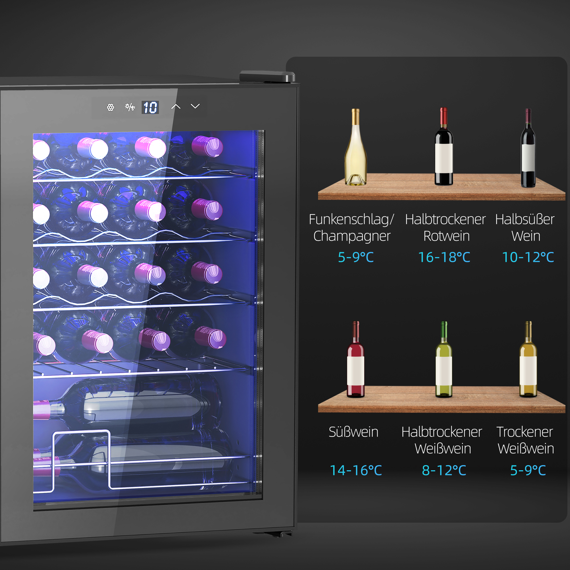 kleiner Weinkühlschrank, Mini-Kühlschrank für 20 Flaschen, 53 Liter Kapazität, mit Glastür, LED-Beleuchtung, Schwarz