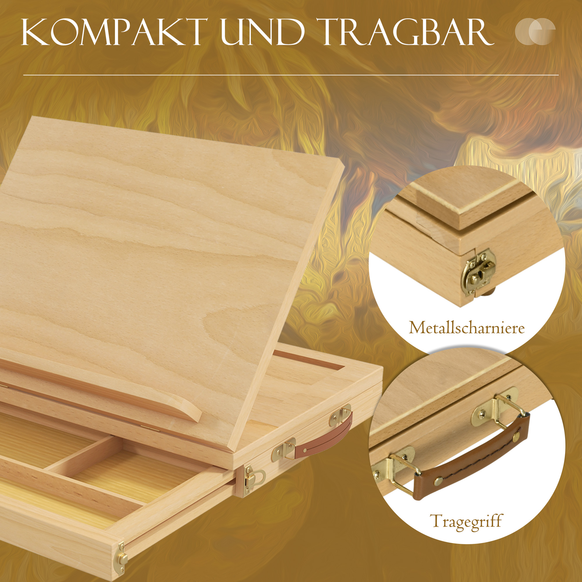 Tischstaffelei, kleine Staffelei, 1 Schublade, 3 Fächer, Massivholz, Natur