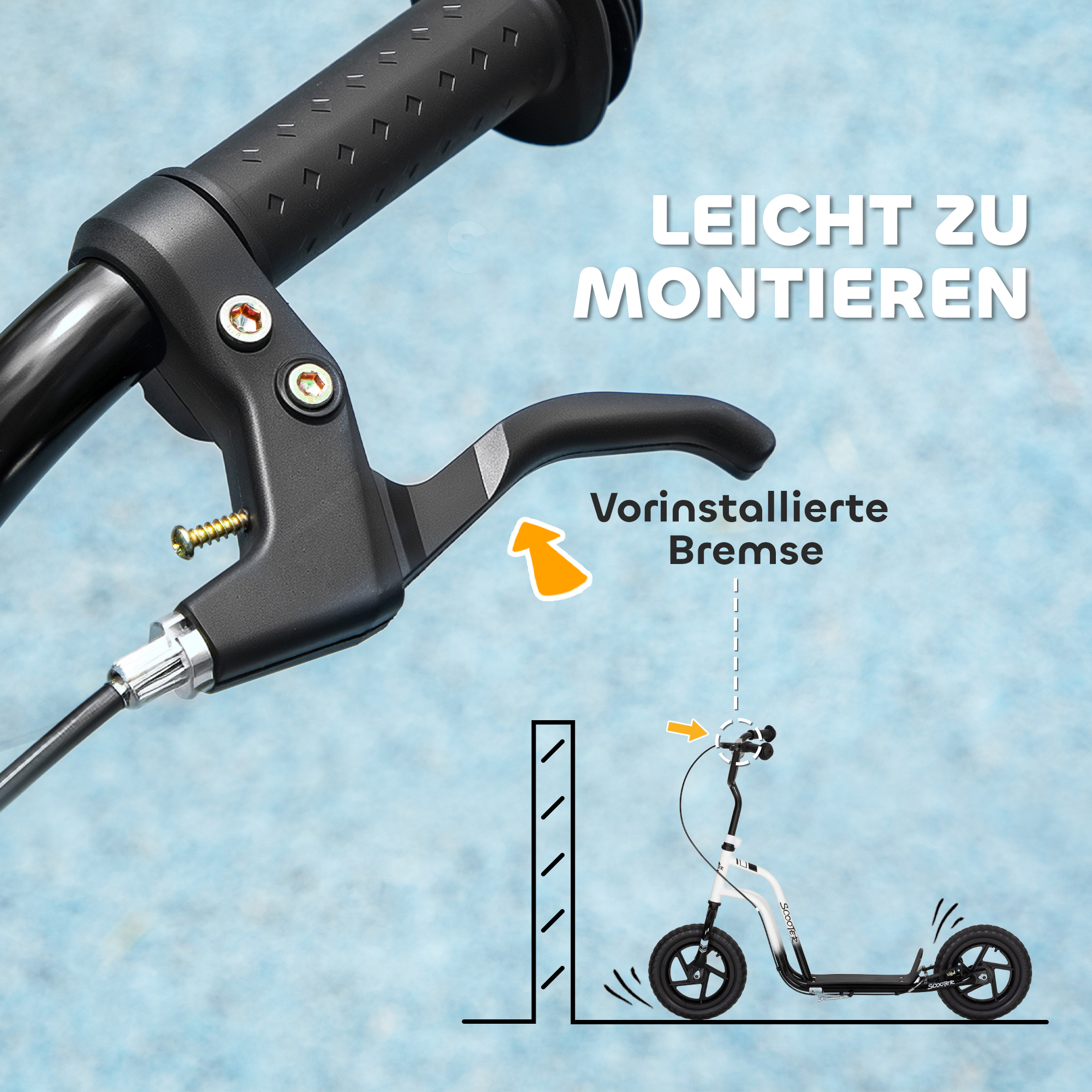 Kinderroller mit verstellbarem Lenker, große Räder, Parkständer, Handbremse, für Kinder im Alter von 5-12 Jahren, Weiß