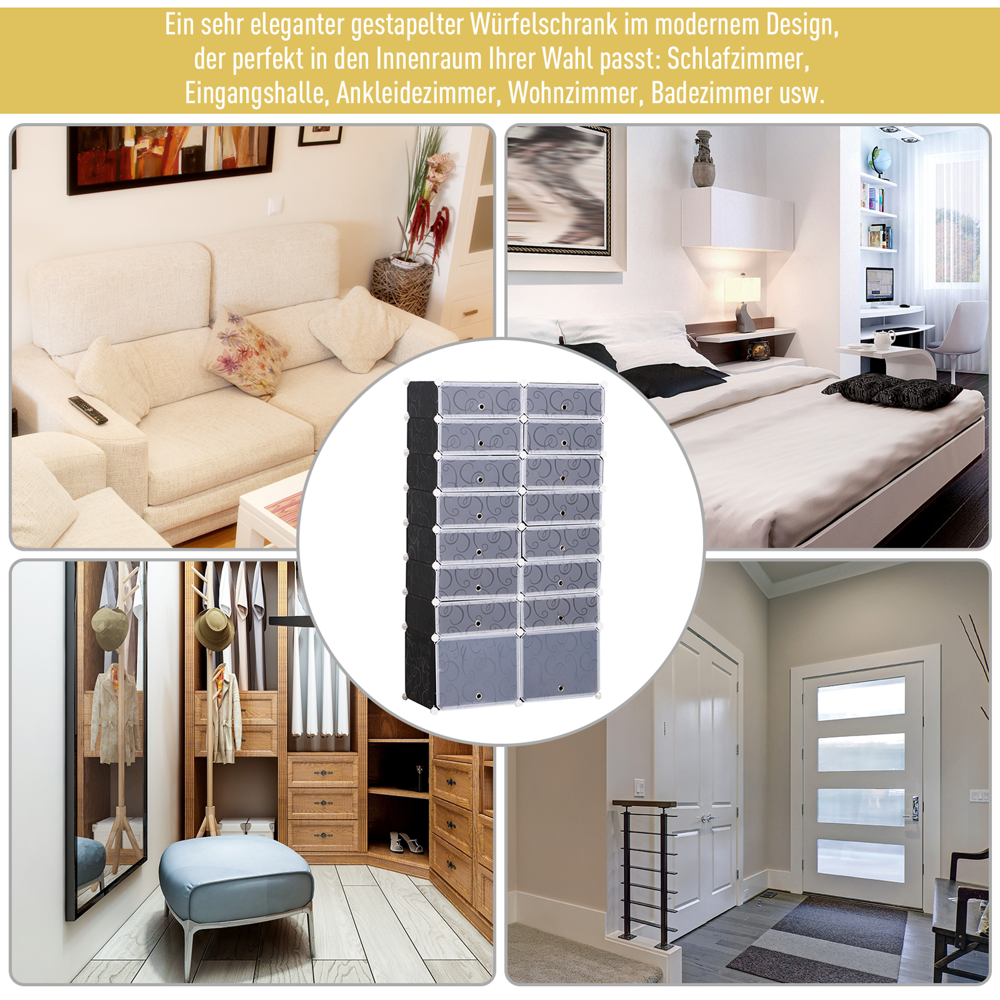 Schuhboxen 16er Set Schuhkarton stapelbar Schuhorganizer Schuhaufbewahrung Aufbewahrungsboxen Regalsystem mit Tür, Schwarz + Weiß