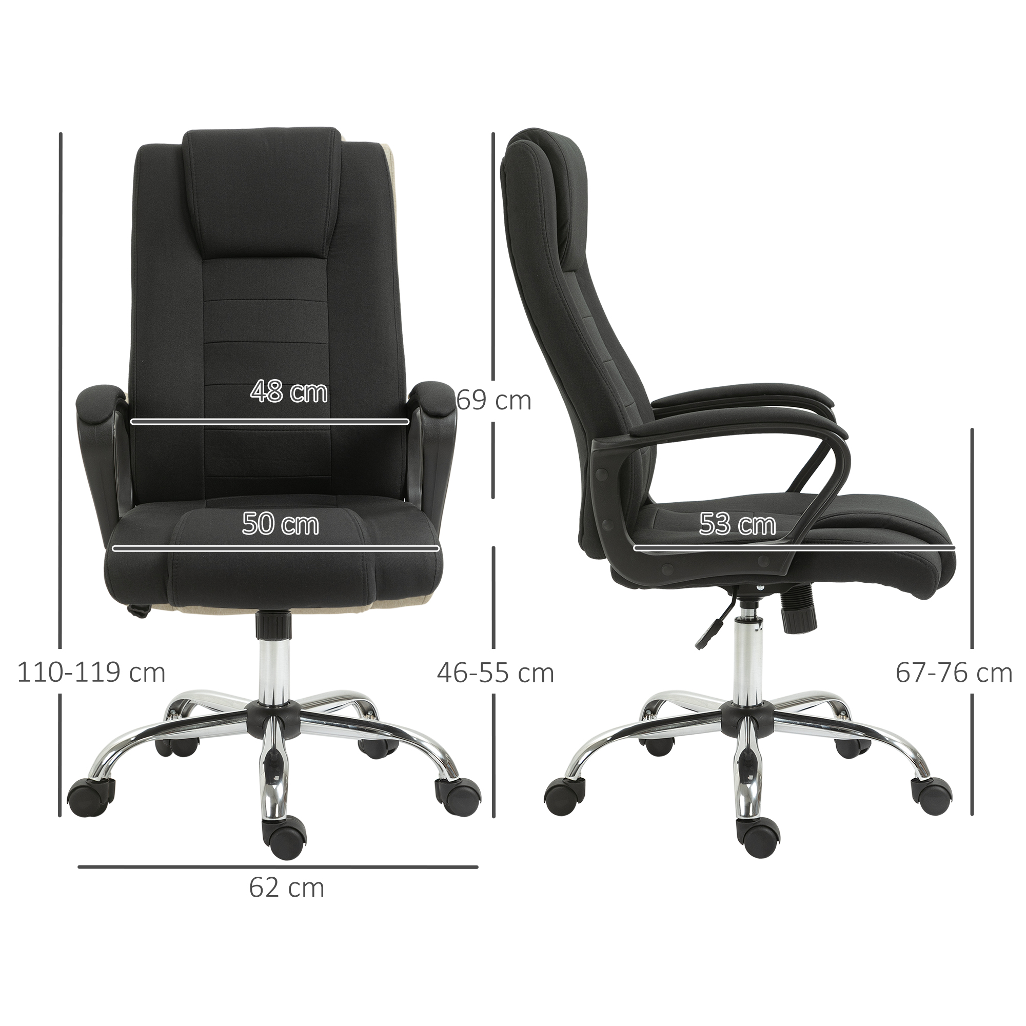 Bürostuhl Computerstuhl mit Wippenfunktion Kopfstütze ergonomischer Schreibtischstuhl drehbar höhenverstellbar Leinen-Touch Schwarz 62 x 76 x 110-119 cm