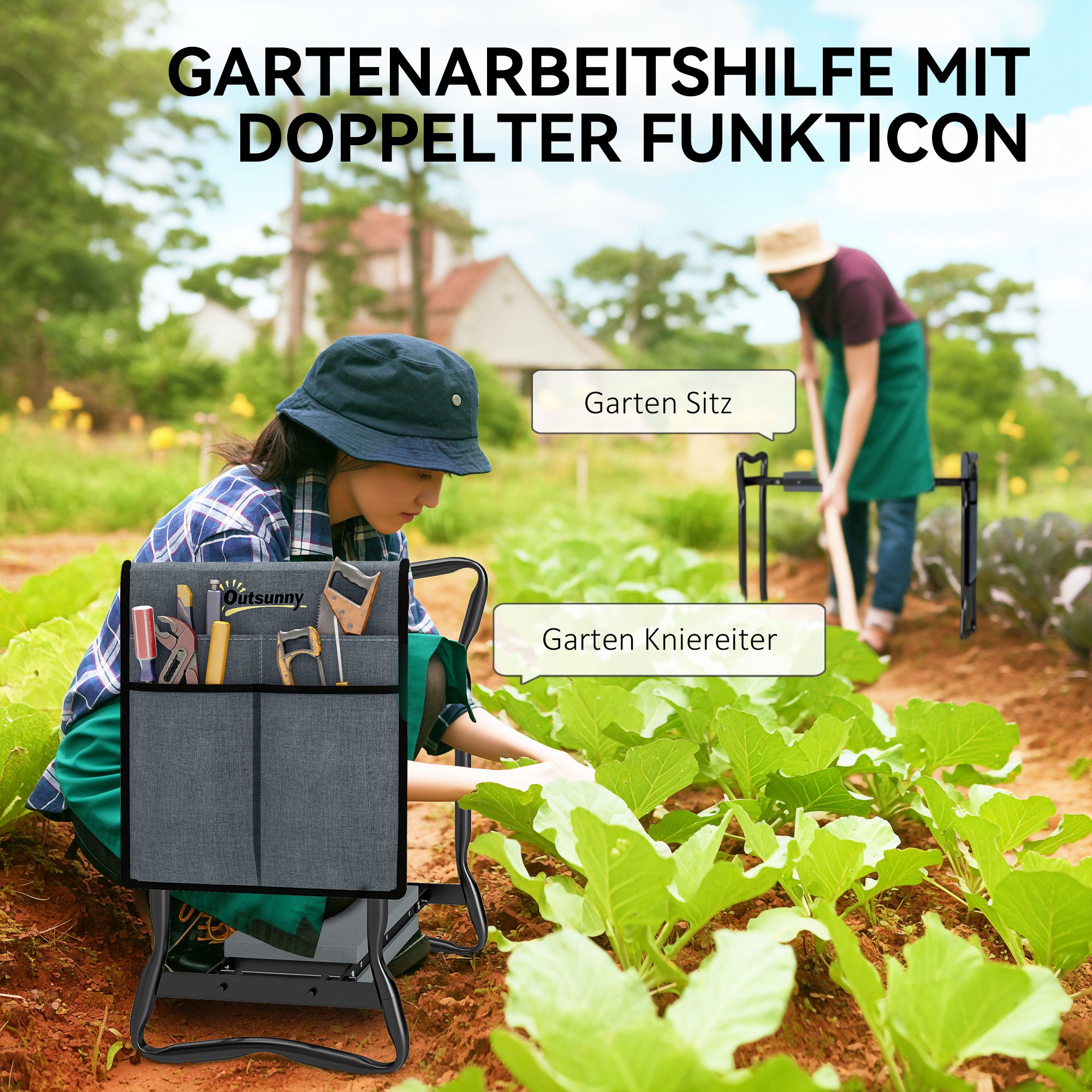 Kniebank für Gartenarbeit klappbar Gartenhocker mit Kniekissen Werkzeugtaschen bis 150 kg 58 x 28 x 49cm Grau