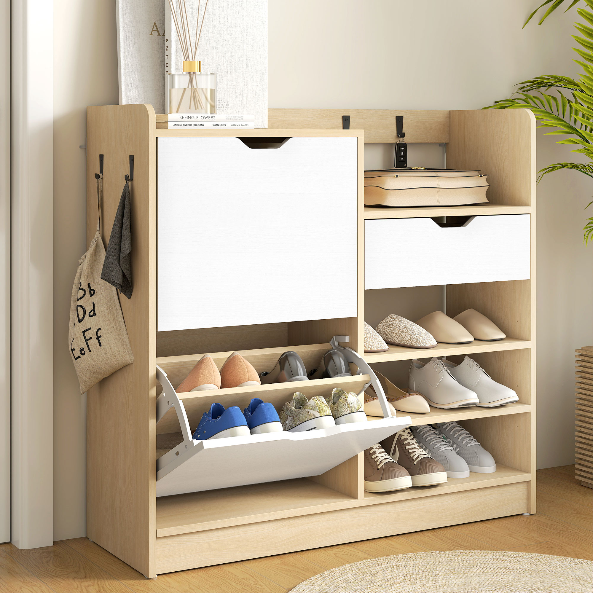 Schuhregal für Flur, Schuhschrank mit Kippschubladen, offenen Regalen, 4 Haken, für bis zu 14 Paar Schuhe, Natur
