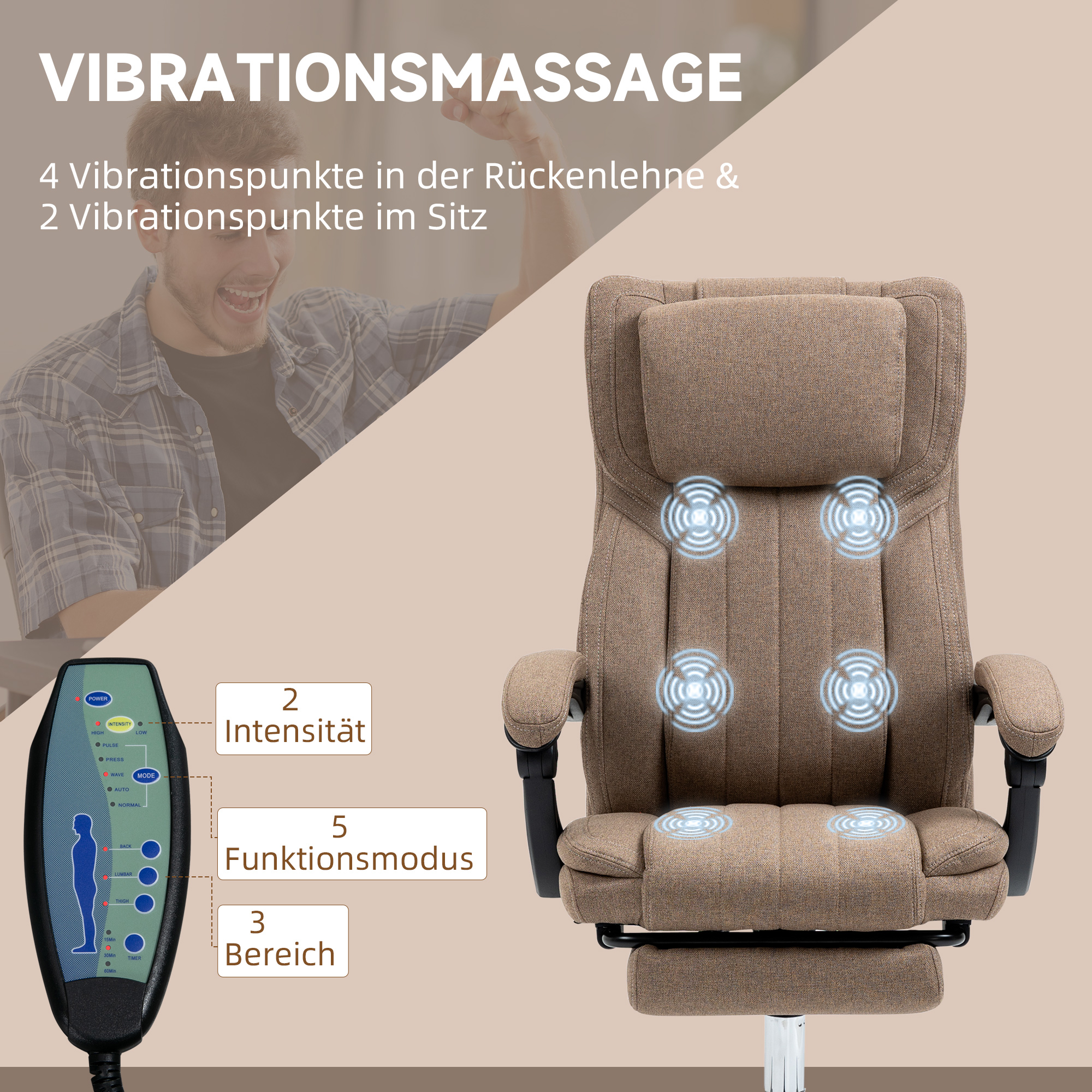Bürostuhl mit Massagefunktion, neigbare Rücklehne, ausziehbare Fußstütze, Leinenoptik, 65 x 61 x 118 cm, Braun