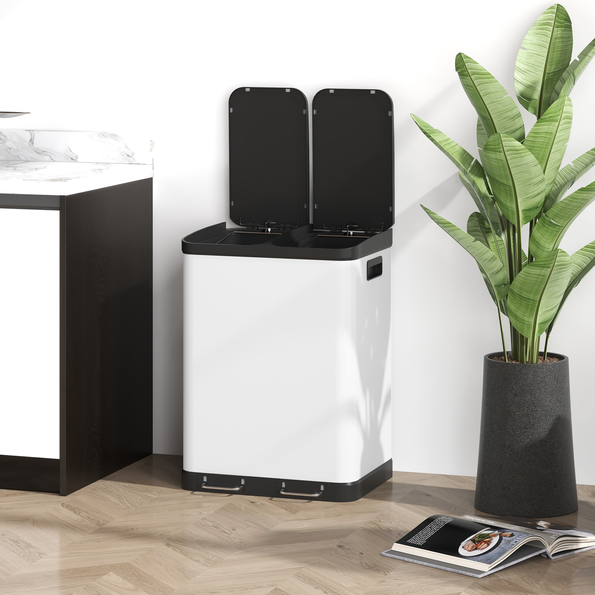 Doppelfach-Mülleimer, 2 x 30l, fingerabdruckresistent, Pedal, herausnehmbare Inneneimer, Grau