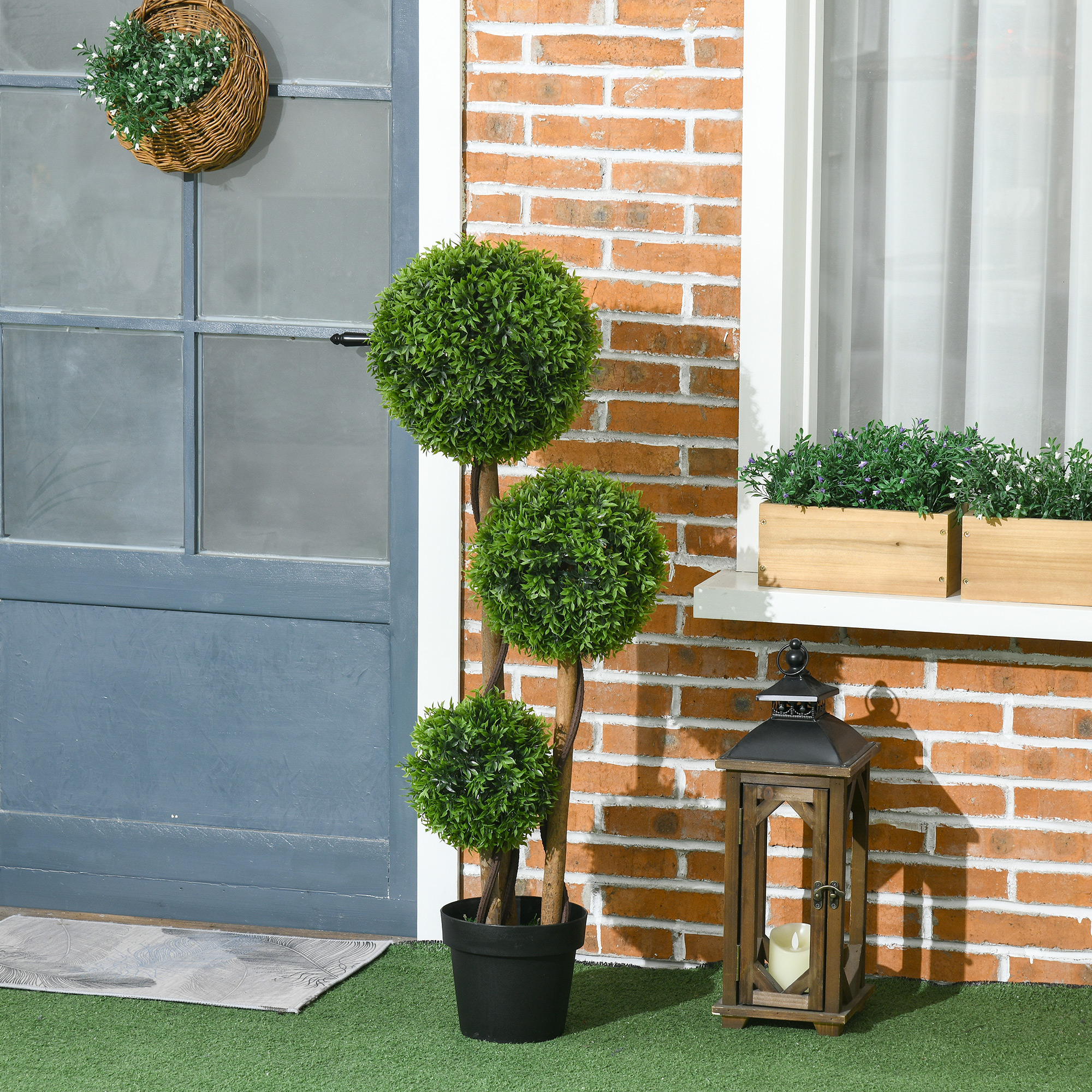 Künstlicher Buchsbaum groß 110cm, UV-beständige Kunstpflanze mit 3 Kugeln für Wohnzimmer Schlafzimmer Büro Garten