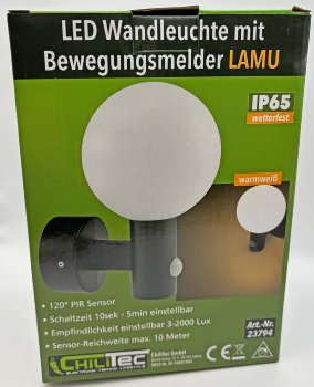LED Wandleuchte "LAMU" mit PIR-Sensor / IP65, 15W, schwarz, 3000k / warmweiß