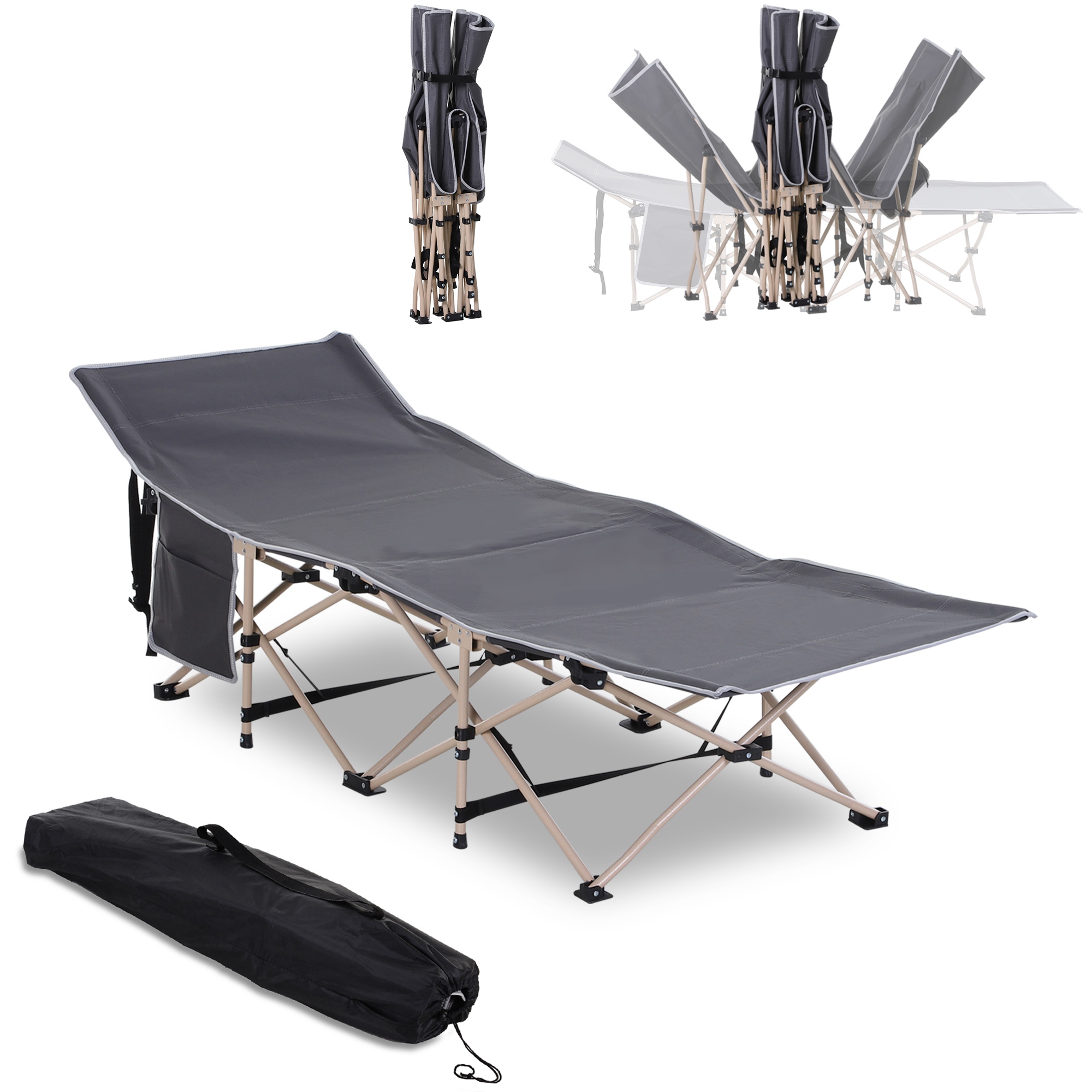 Feldbett, Campingbett, klappbar, wetterbeständig, ink. Tragetasche, 190 x 68 x 52 cm, Grau Feldbett, Campingbett, klappbar, wetterbeständig, ink. Tragetasche, 190 x 68 x 52 cm, Grau