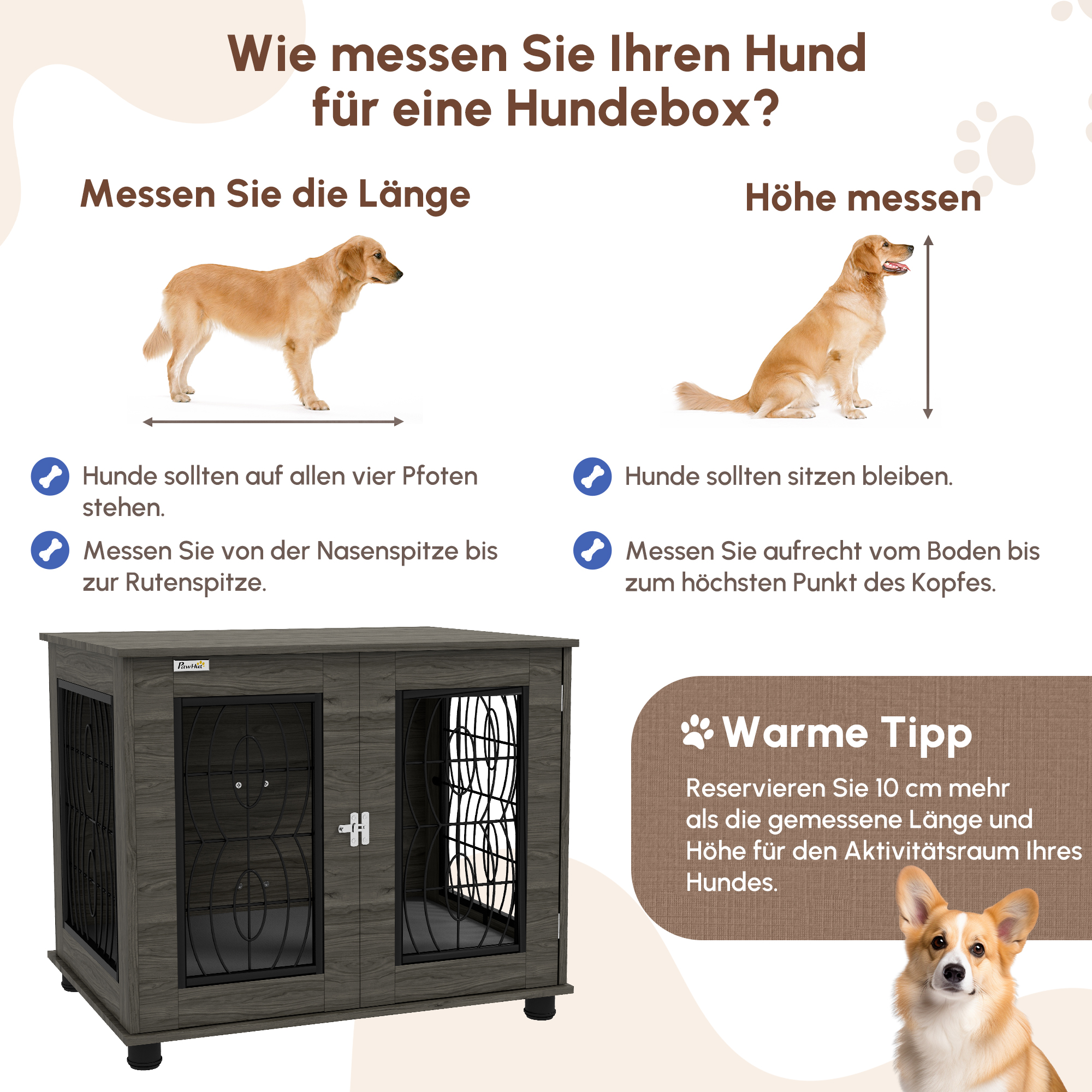 Hundebox mit Liegekissen, bis 20kg/50cm Körperlänge, Metall, 80x56x63cm, Grau/Holzdekor