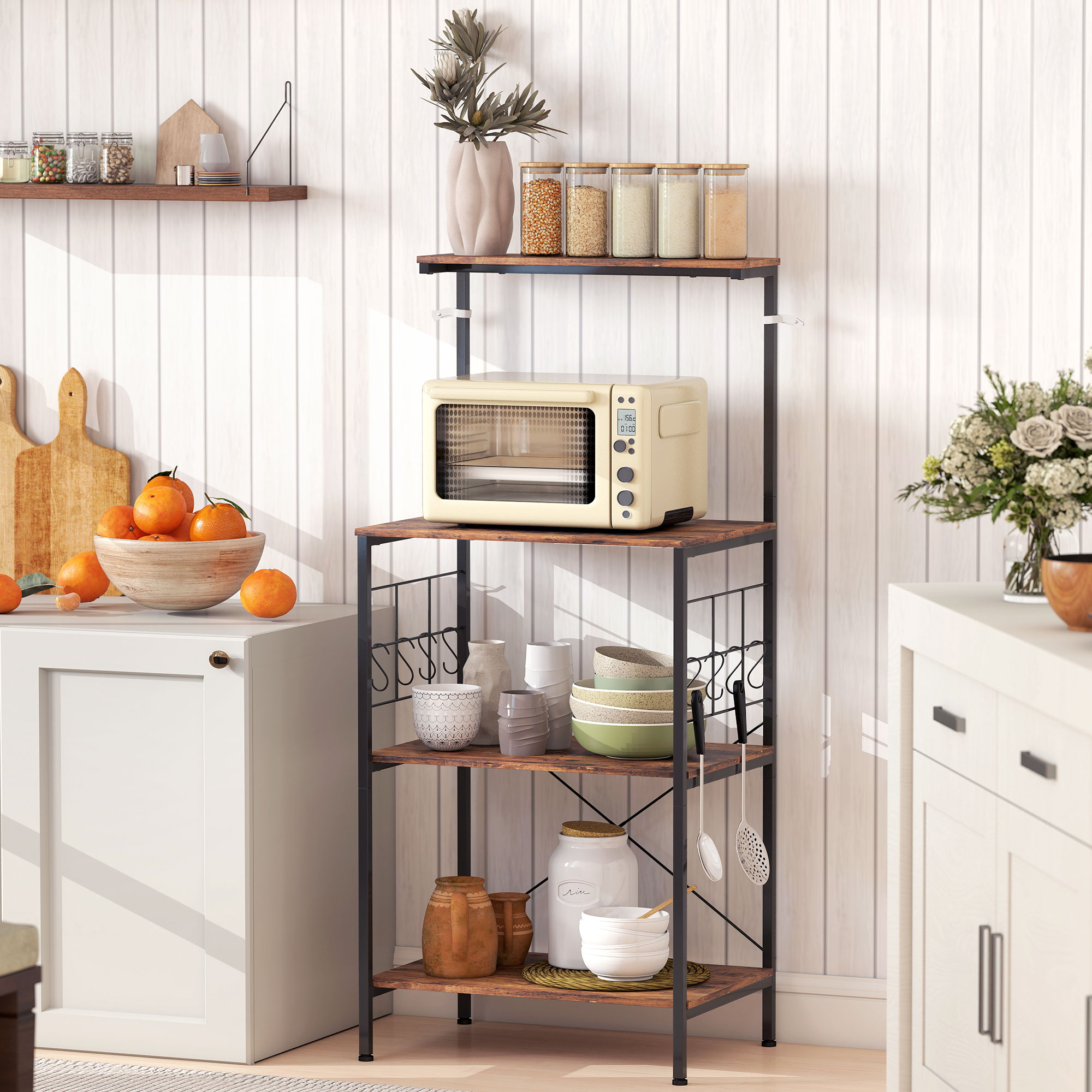 Küchenregal, 4-stufiges Design, Arbeitsplatte, 8 Haken, Metallrohre, Braun+Schwarz