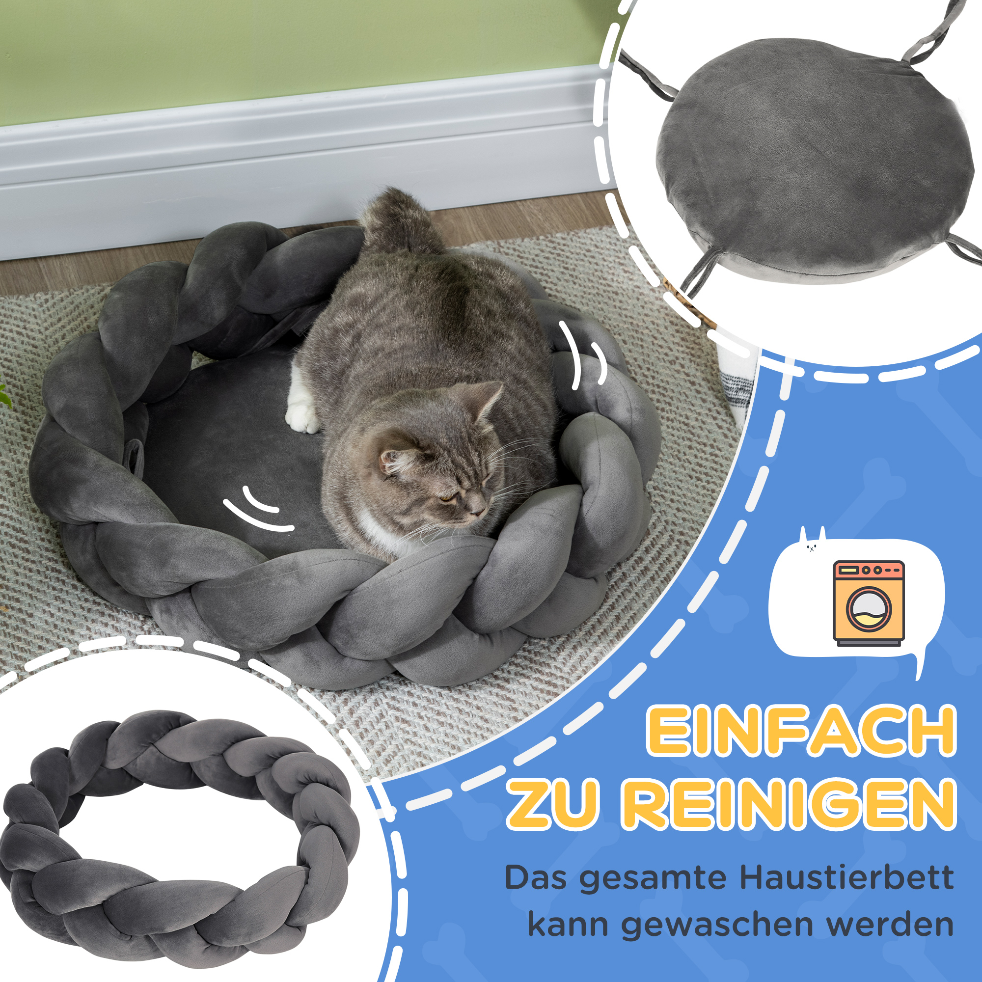 Haustierbett inkl, Kissen, Katzenbett, Hundekorb, waschbar, 55 cm x 55 cm x 14 cm, Grau
