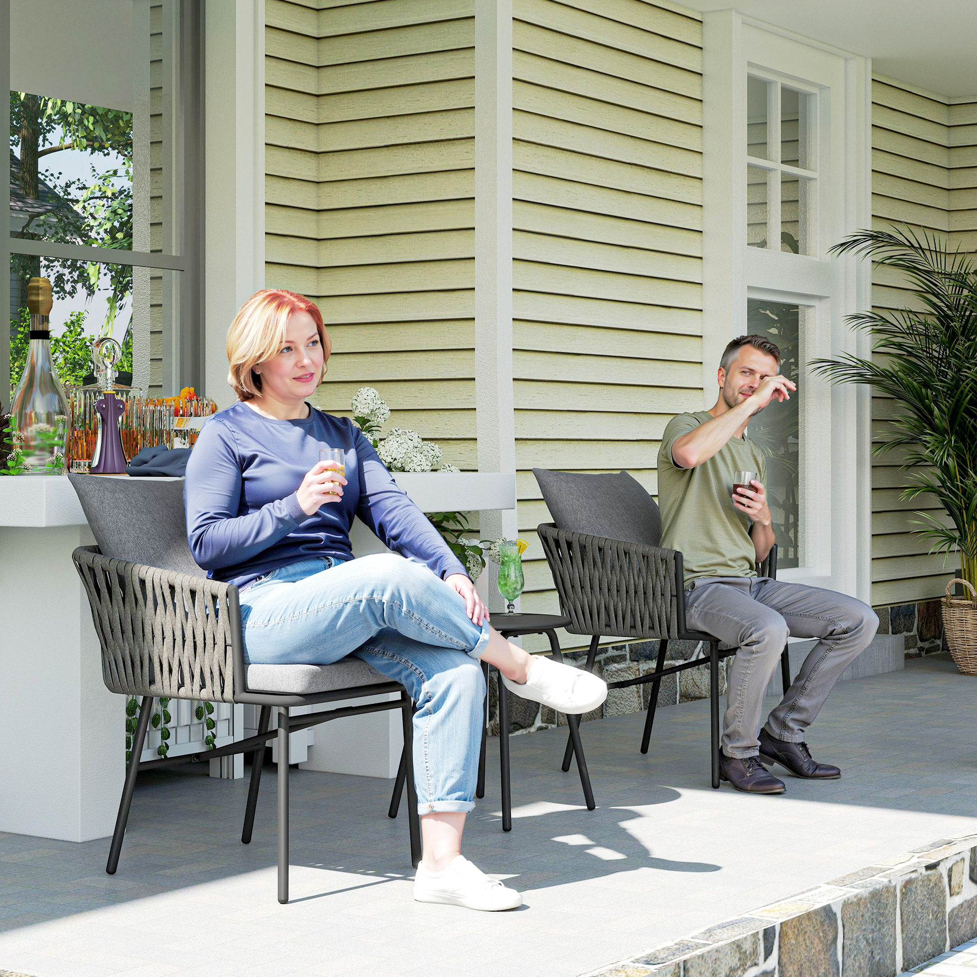 3-teiliges Außenmöbel-Set, 2 Stühle, 1 Tisch, Bistro-Set, Kunst-Rattan, Stahlrahmen, Metalltisch, 4 Kissen, Grau