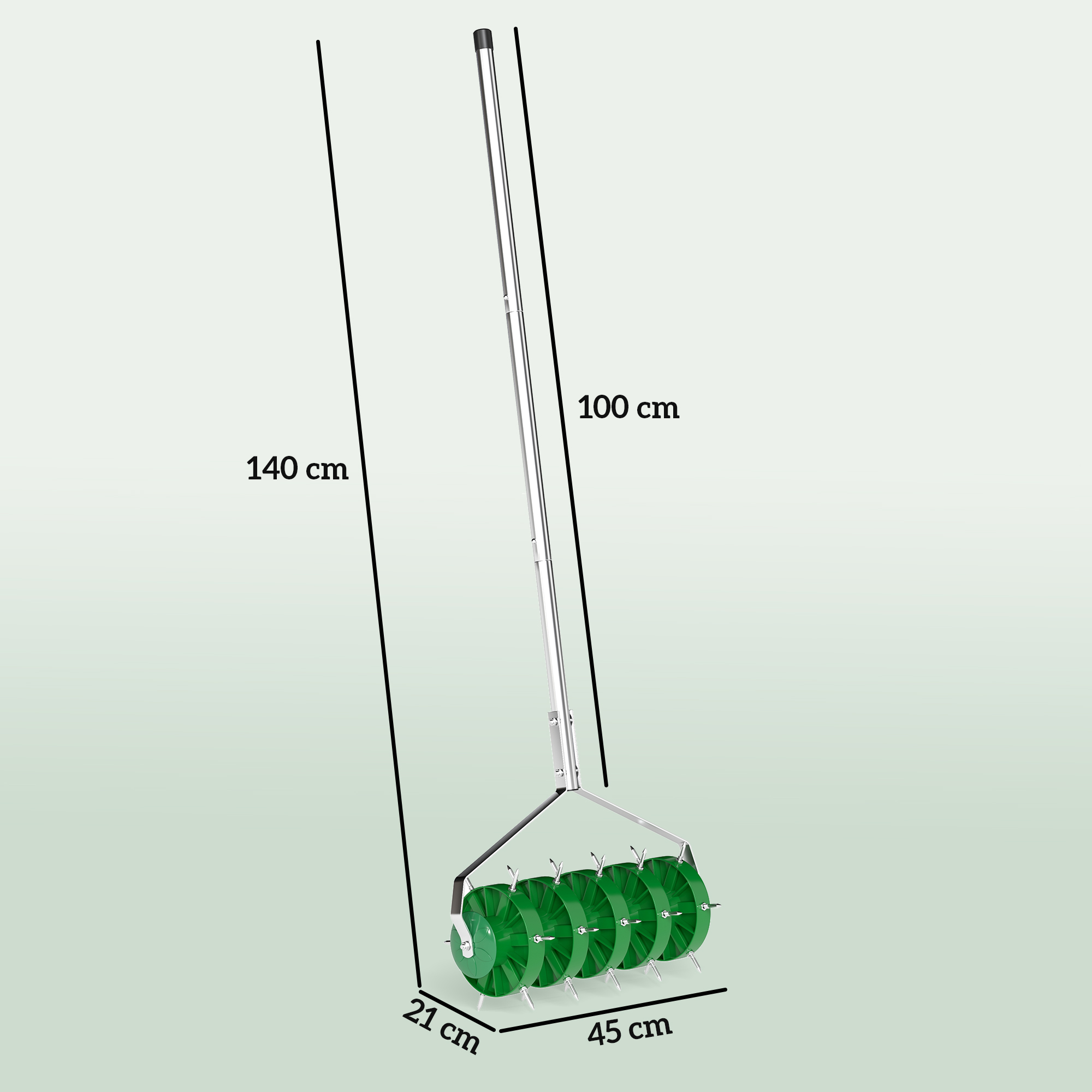 Rasenlüfter Aerifizierer für Rasen 45cm Breite Manuell Rasenbelüfter mit 30 Eisenspikes Stahl Dunkelgrün