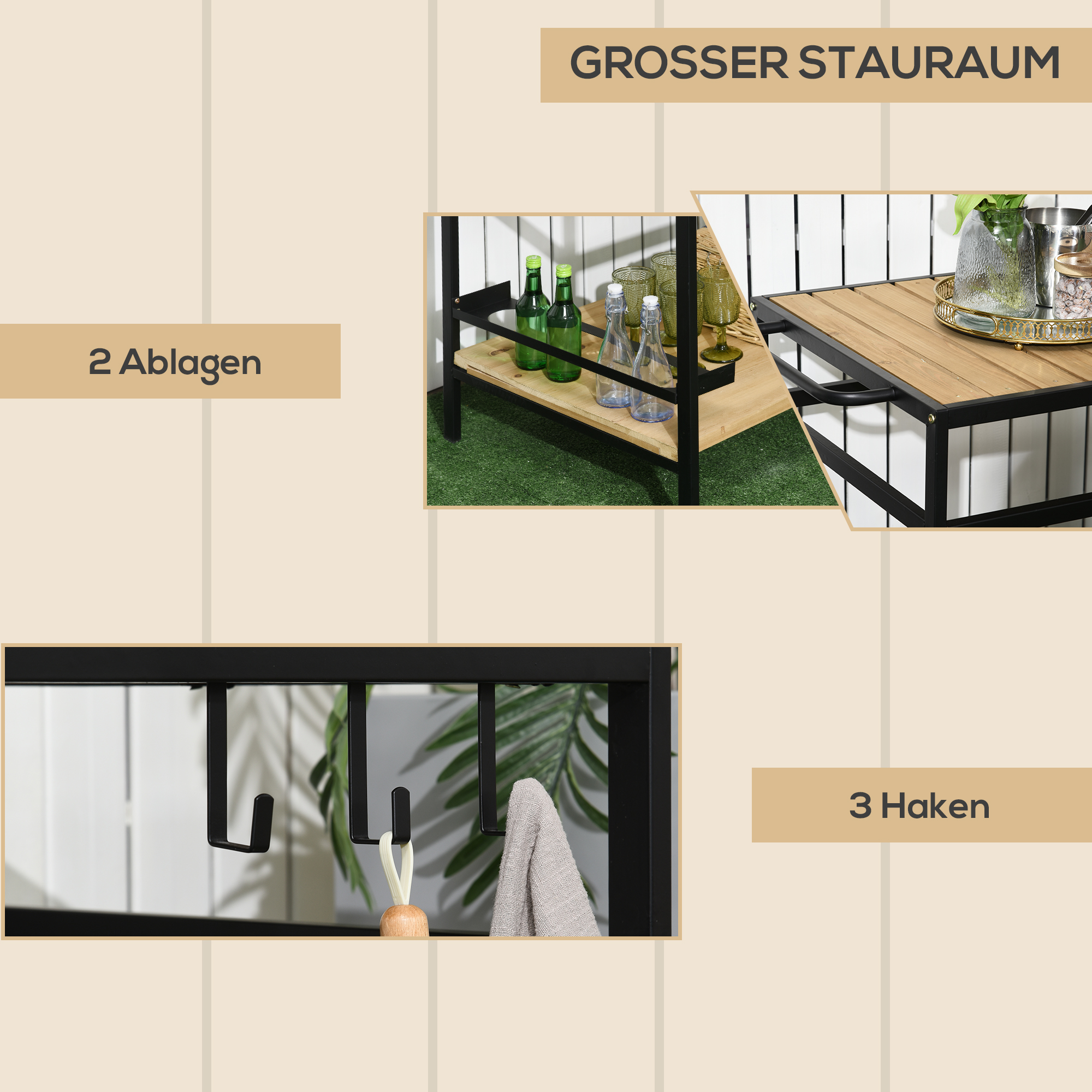 Servierwagen im Industrie-Design, wetterbeständig, 3 Haken, 1 Regal,107 cm x 65 cm x 80 cm, Schwarz +Natur