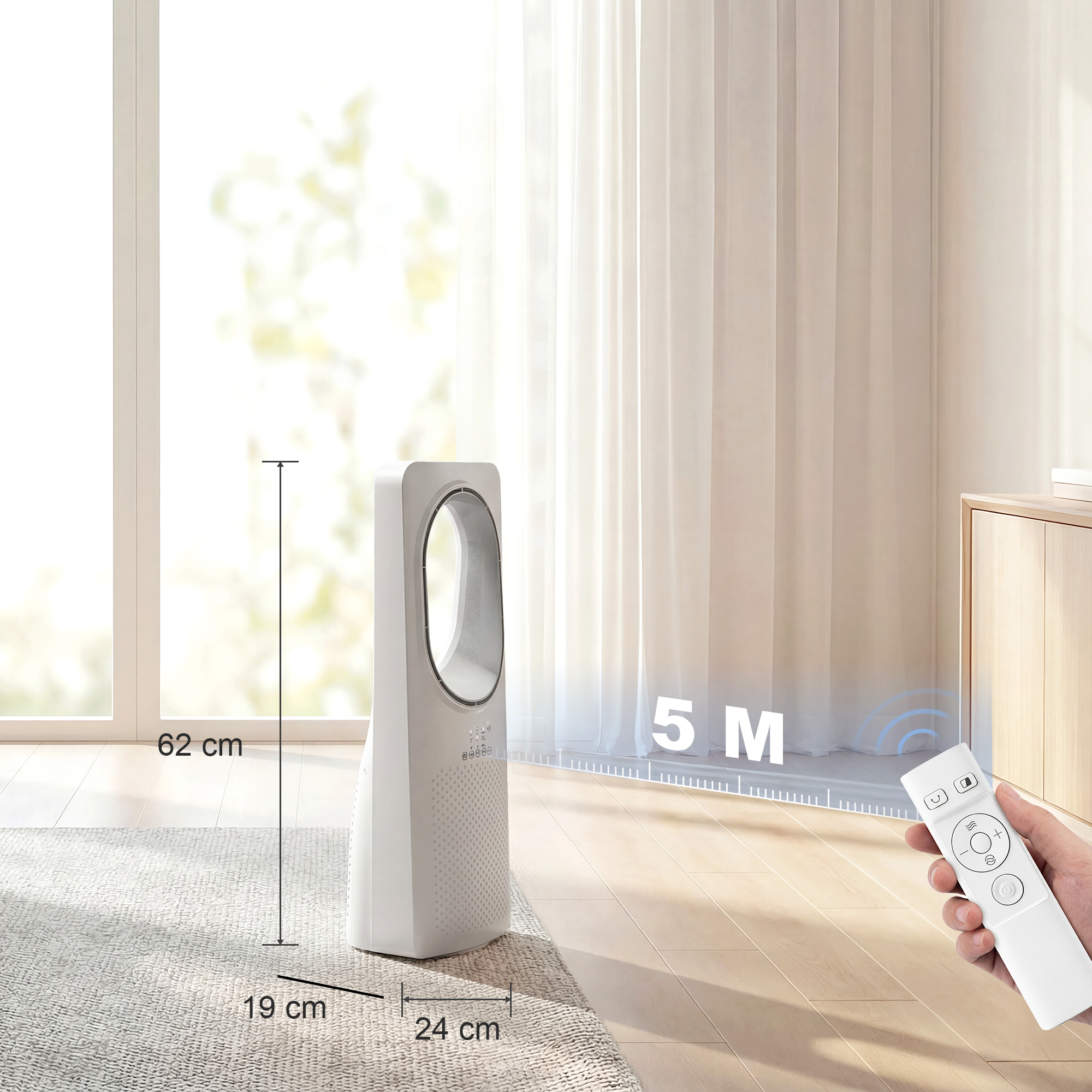 Bladeless Turmventilator für Schlafzimmer, 36 dB Standventilator mit 45° Oszillation, 3 Geschwindigkeiten, 3 Modi, 15-Stunden-Timer, Weiß