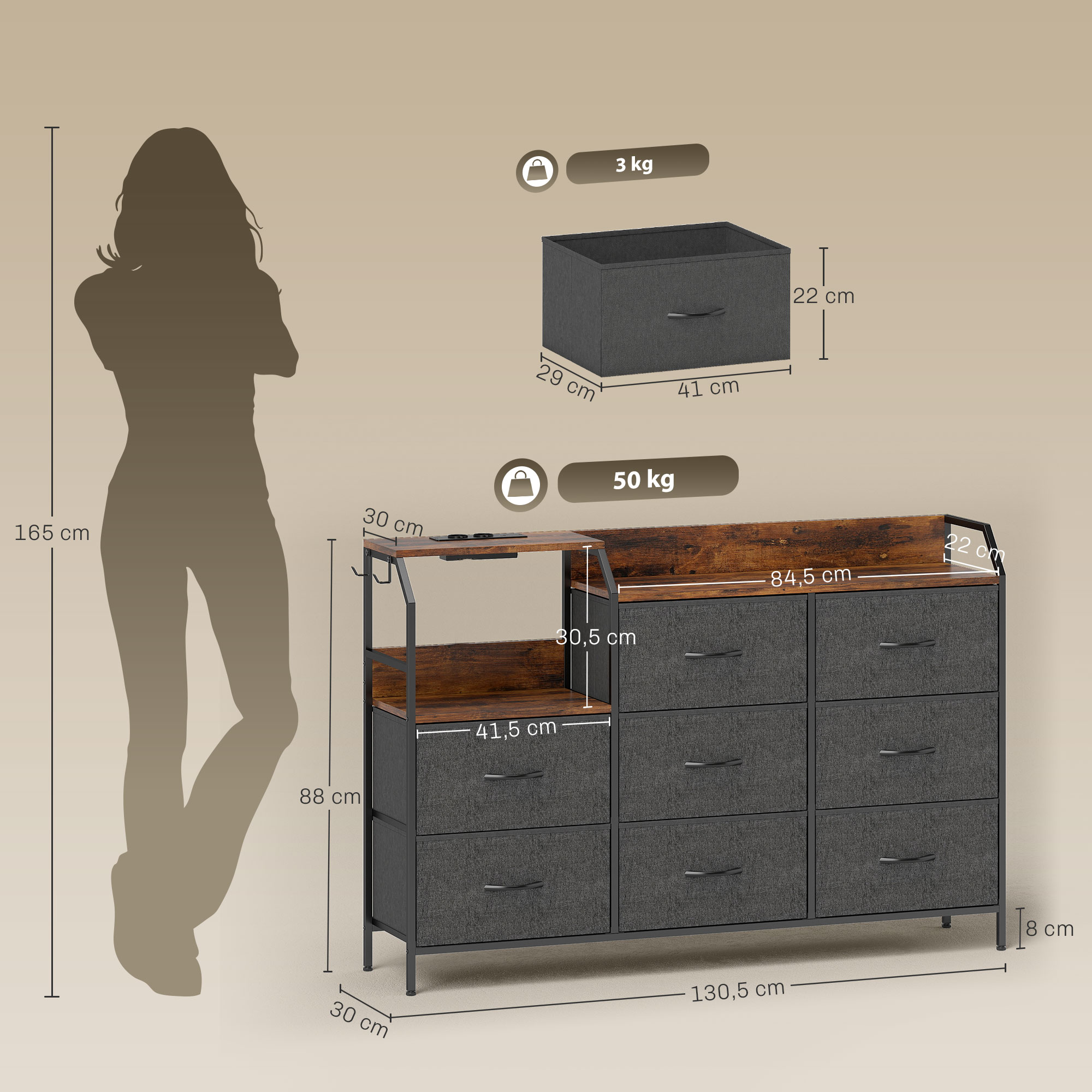 Kommode mit 8 Stoffschubladen, Stahlrahmen, Ladestation, Rustikal-Braun+Schwarz