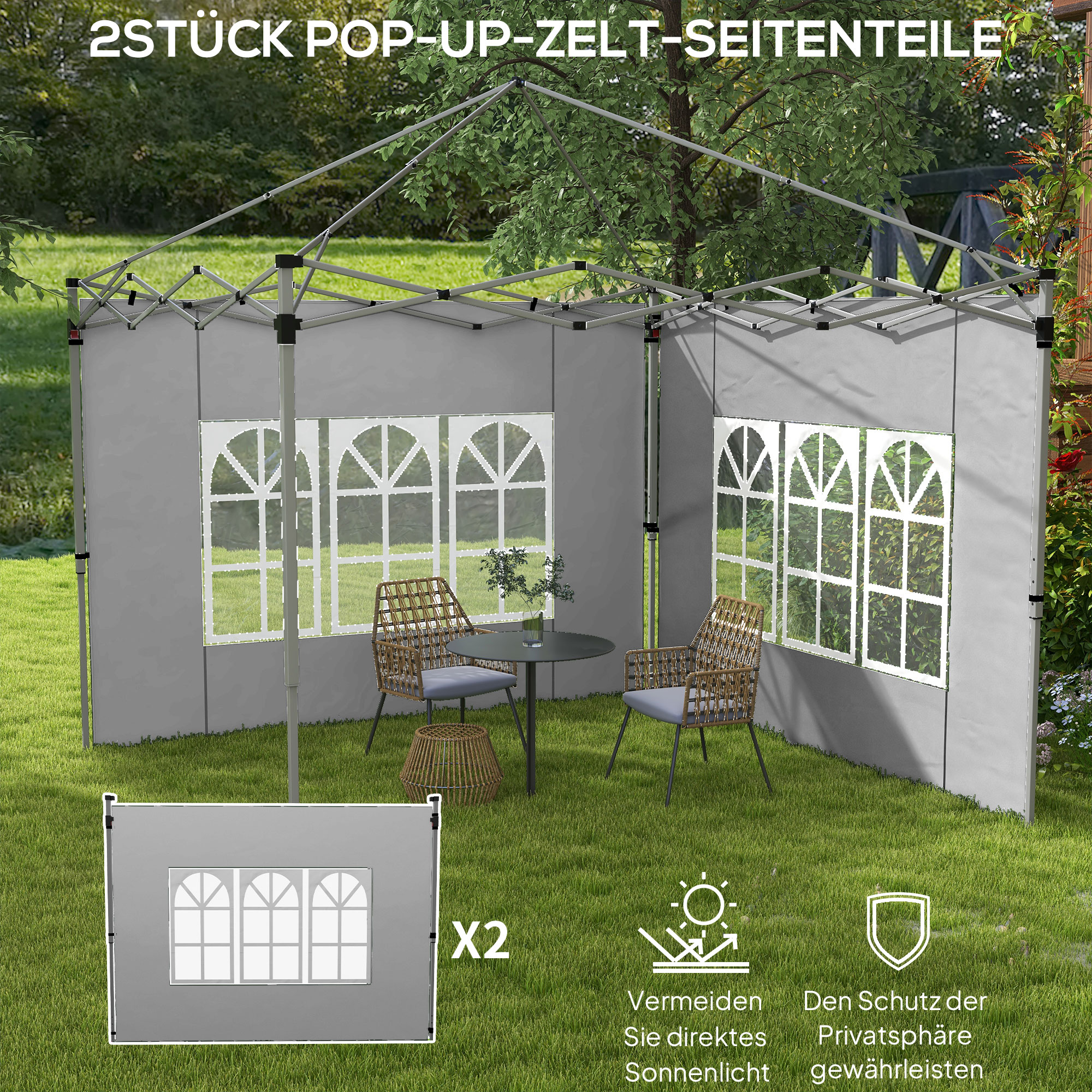 2er-Set Seitenteile für Pavillon 3x3/3x4 m, Seitenwand mit Fenster, wasserdicht Hellgrau