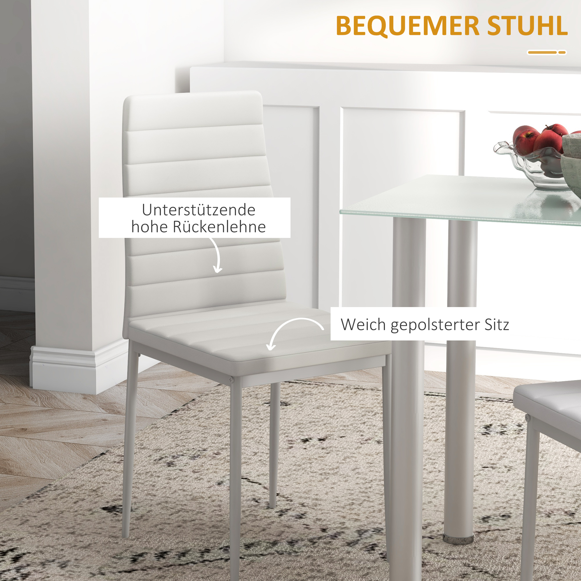 5-tlg, Essgruppe Sitzgruppe Esstisch mit 4 Stühlen, modernes Design, Glastisch, Weiß