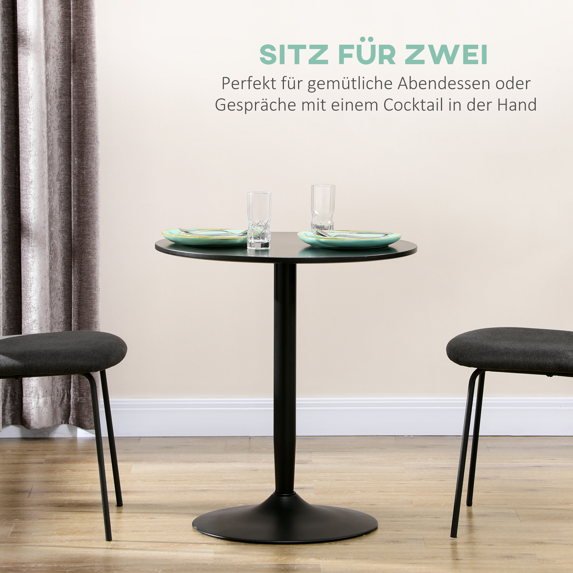 Esstisch für 2 Personen, runde Tischplatte, Stahlfuß, schwarz, 70 x 70 x 75 cm