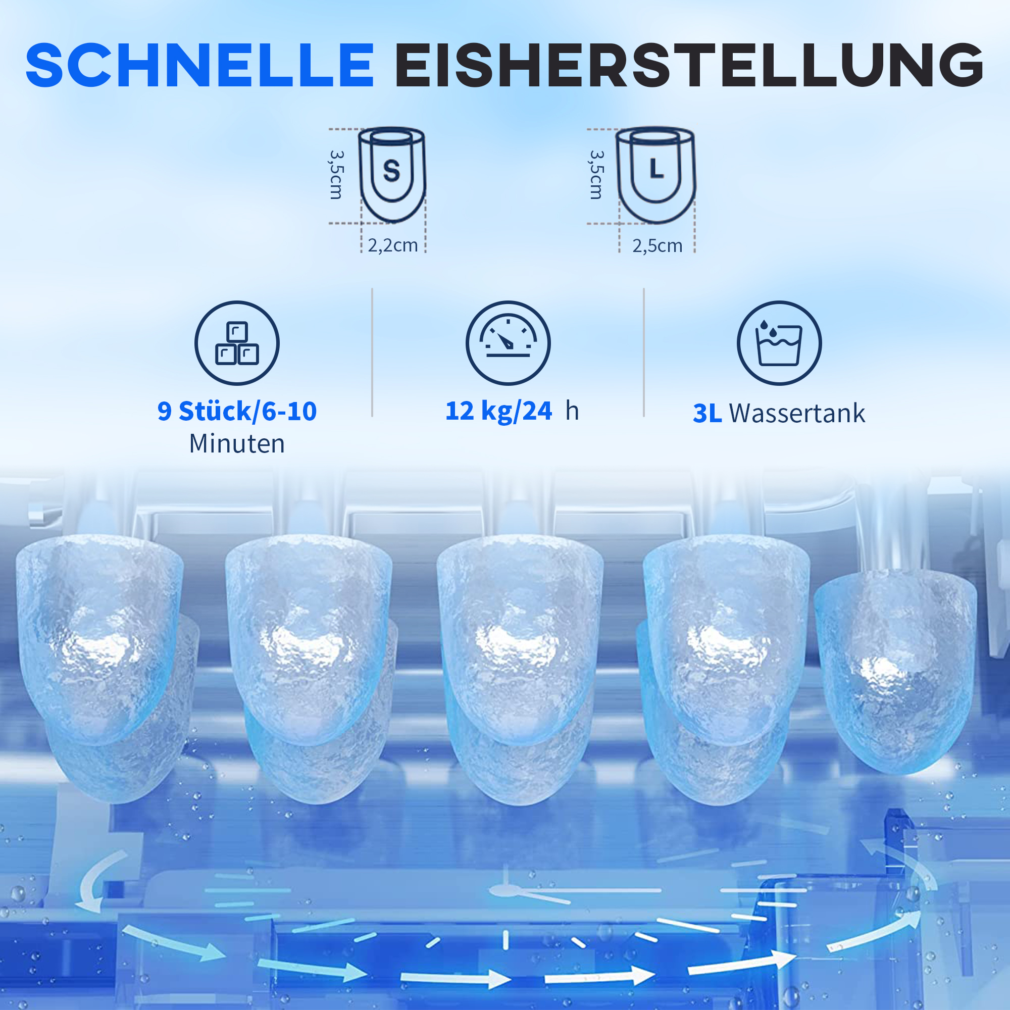 Eiswürfelmaschine Eiswürfelbereiter Ice-Maker, Timer-Funktion, 1,2 L Wassertank,  Silber