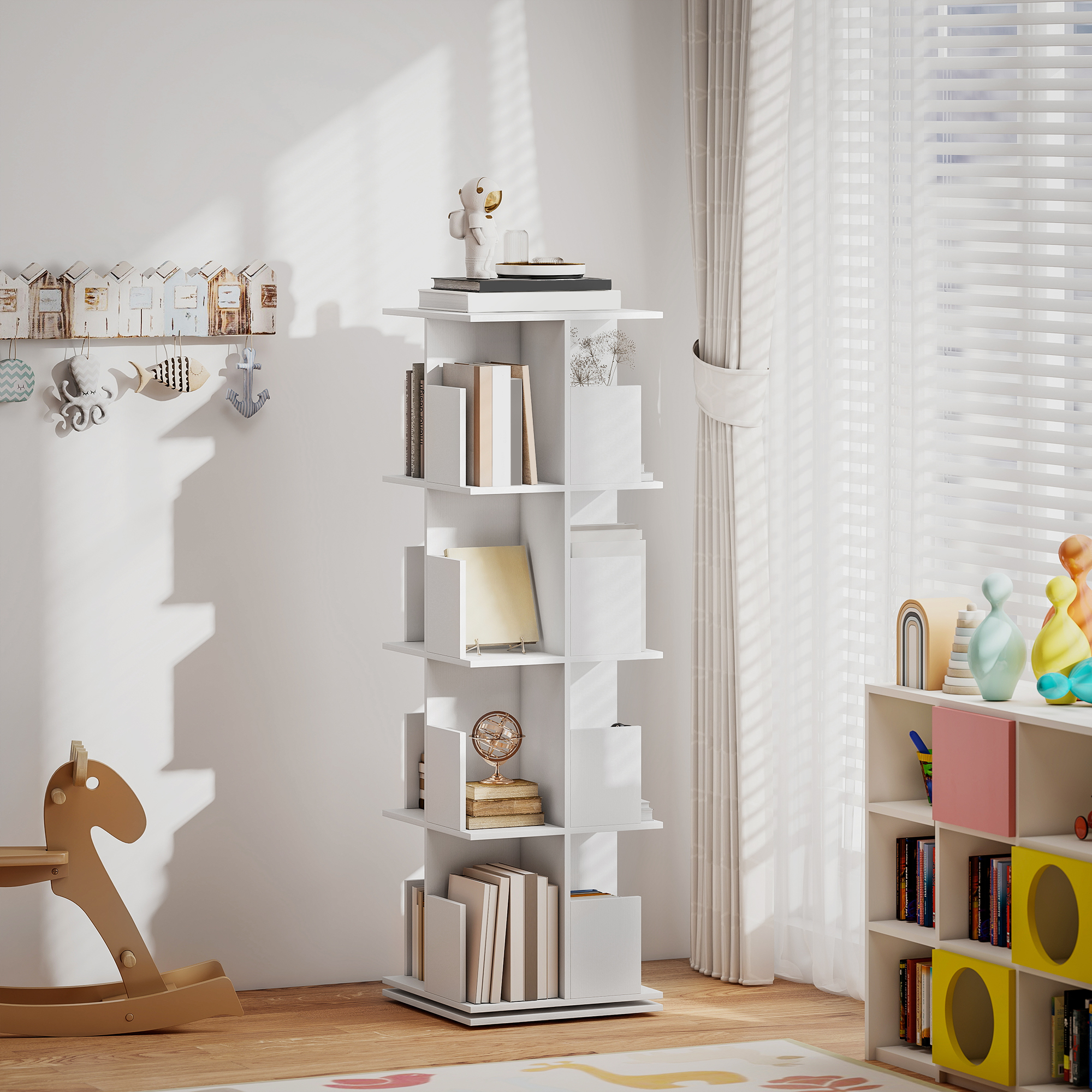 drehbares Bücherregal mit 4 Ebenen, 16 Fächer, leicht zugänglich, für Schlafzimmer, Wohnzimmer, Arbeitszimmer, Spanplatte, Weiß