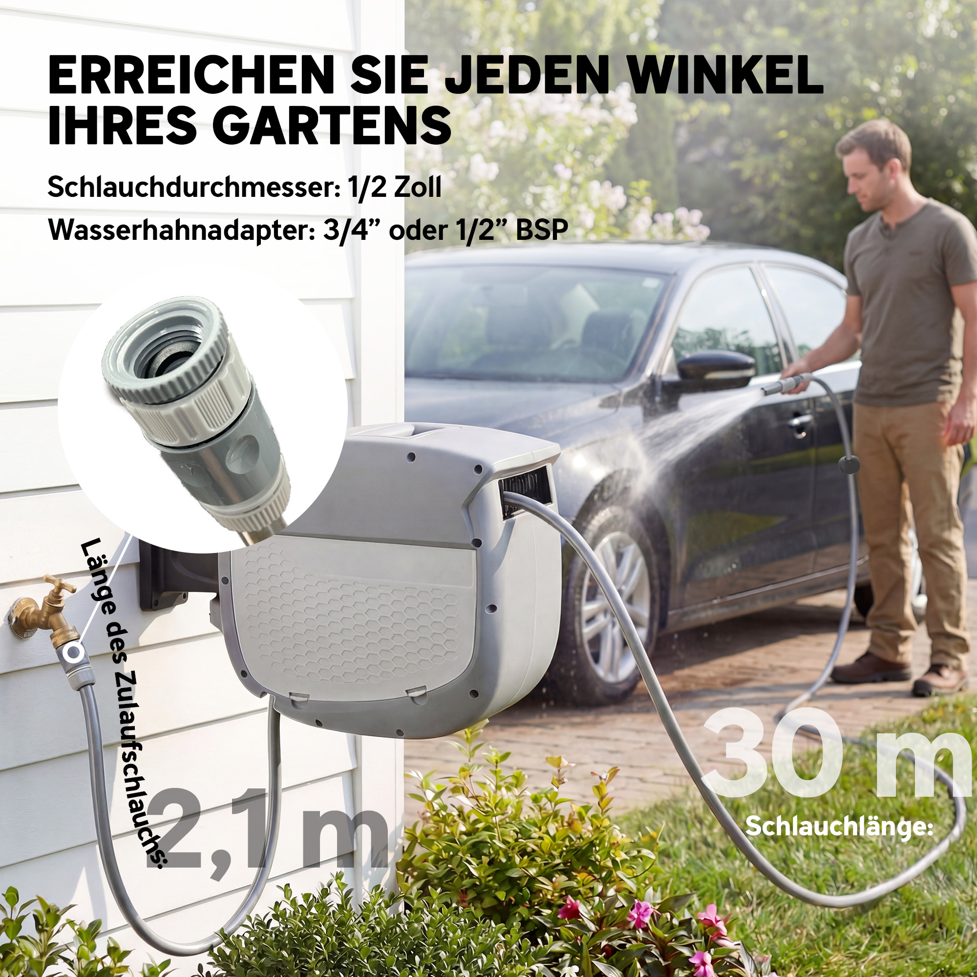 Schlauchtrommel mit Gartenschlauch 30 m, 180° schwenkbar Schlauchbox mit automatische Aufrollung Selbstverriegelung