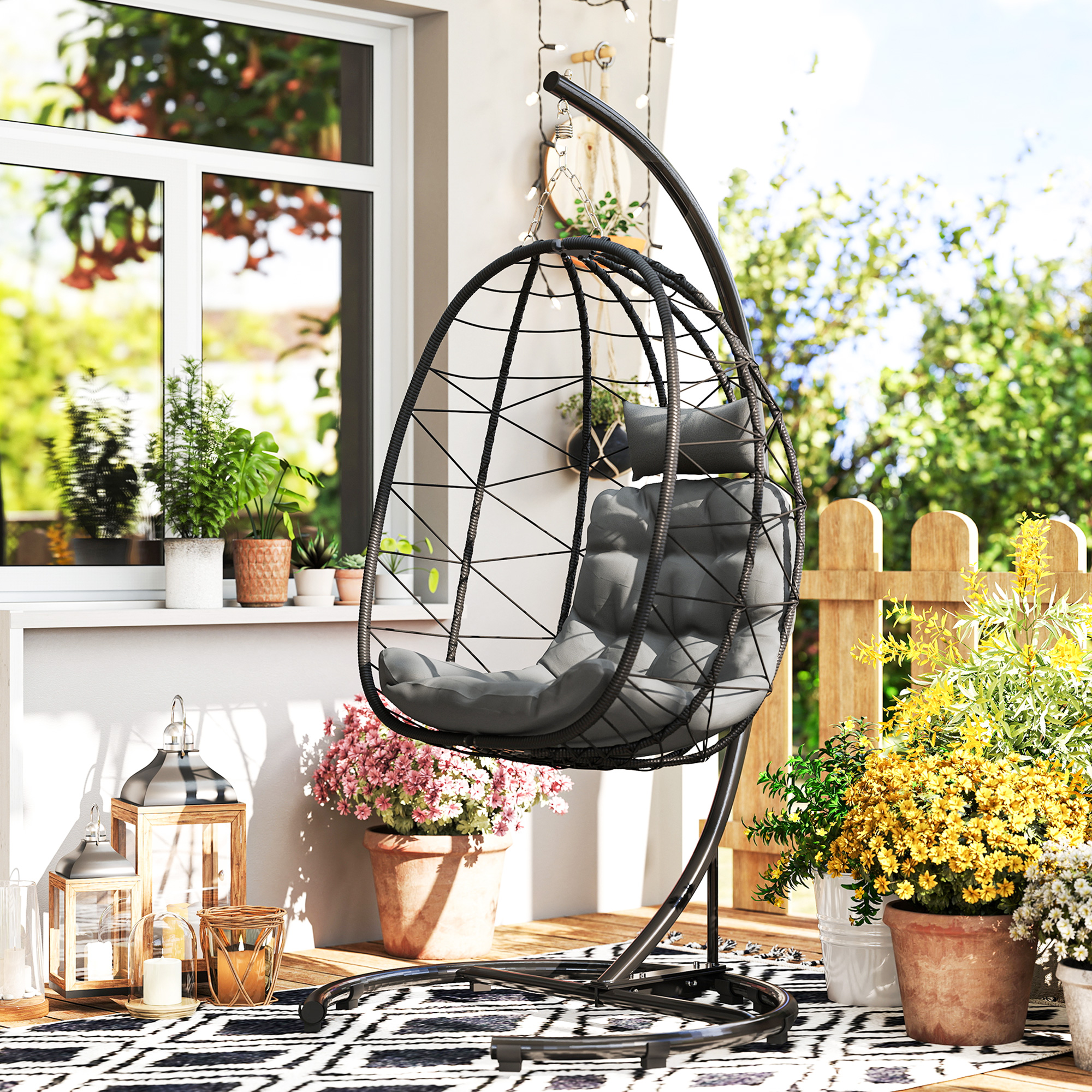 Hängesessel Outdoor Hängesessel Egg Chair, wetterbeständig, inkl. Polster, 102 cm x 102 cm x 195 cm, Dunkelgrau