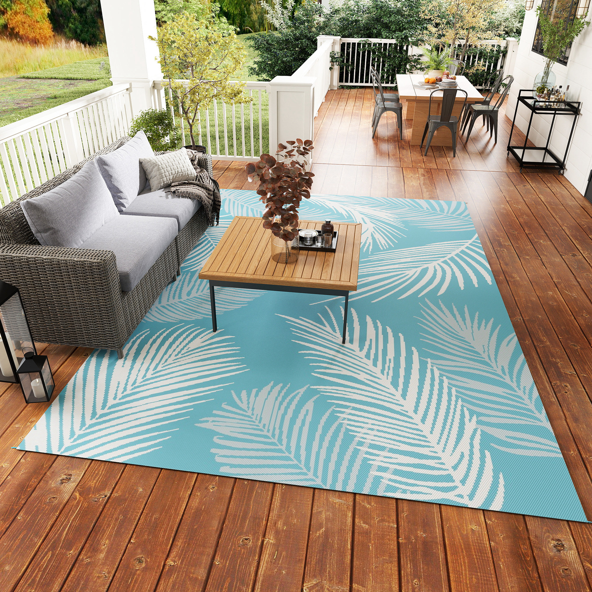 Outdoor Teppich wendbarer robuster Wetterfest Outdoorteppich mit Tragetasche Bodenankern 274 x 182 cm Hellblau+Weiß