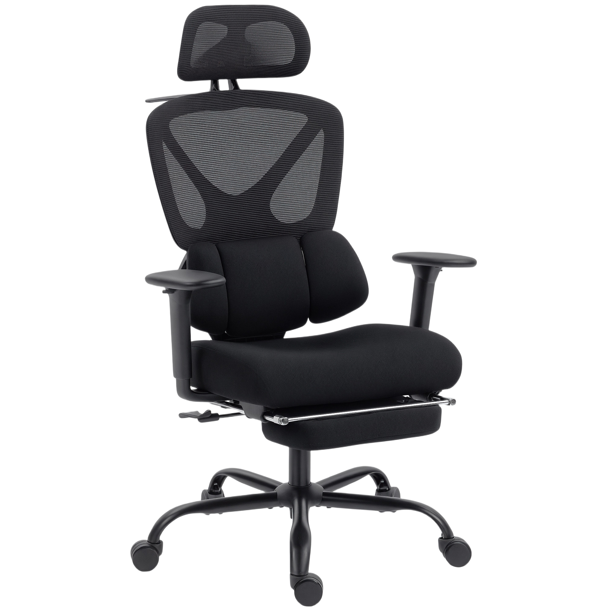 ergonomischer Bürostuhl mit Rollen, Netzstoff, Lendenstütze, Computerstuhl mit Armlehnen, verstellbare Kopfstütze