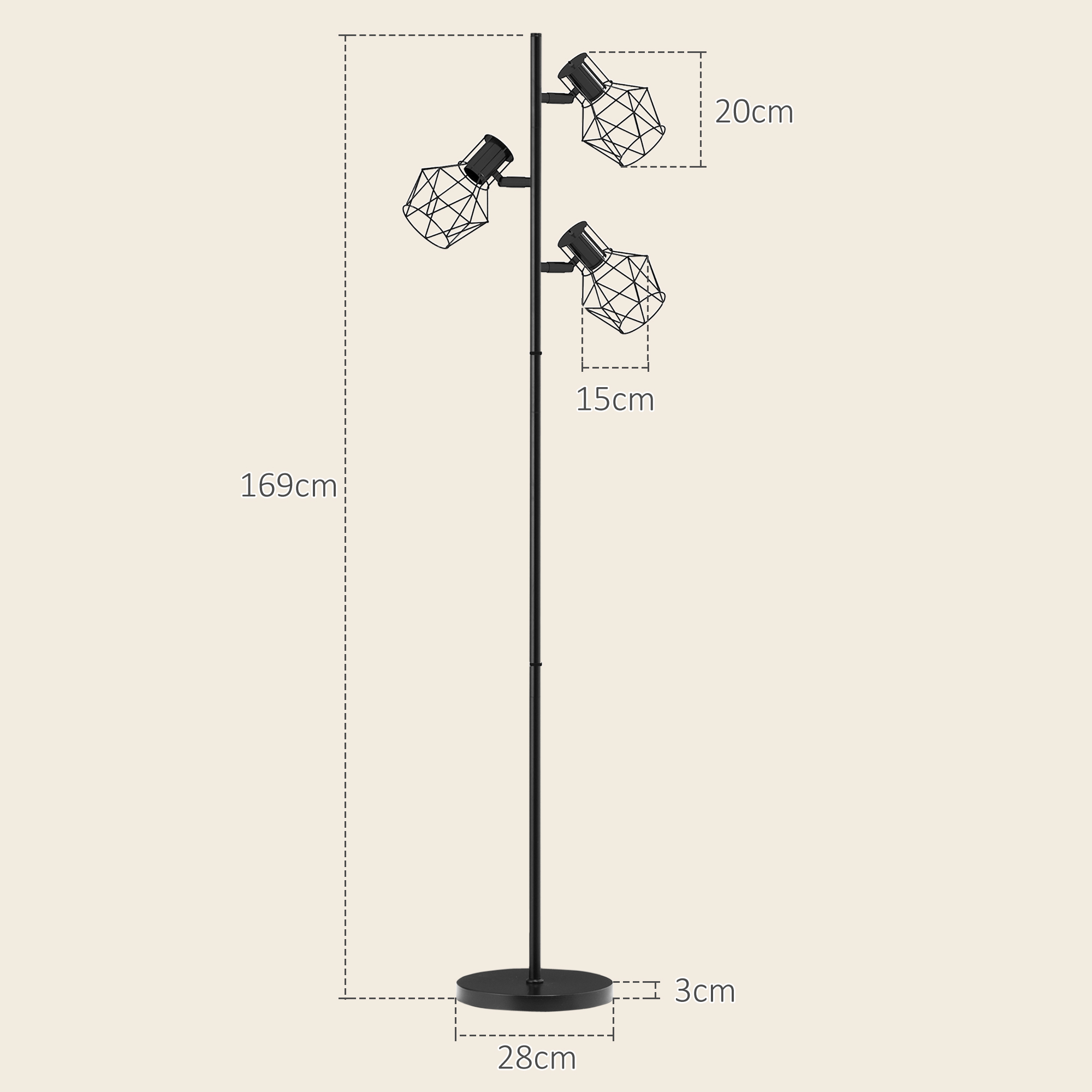 3-Licht-Stehlampe mit flexiblen Leuchtelementen, baumähnliche Struktur, für Wohnzimmer und Schlafzimmer, Metall, Schwarz