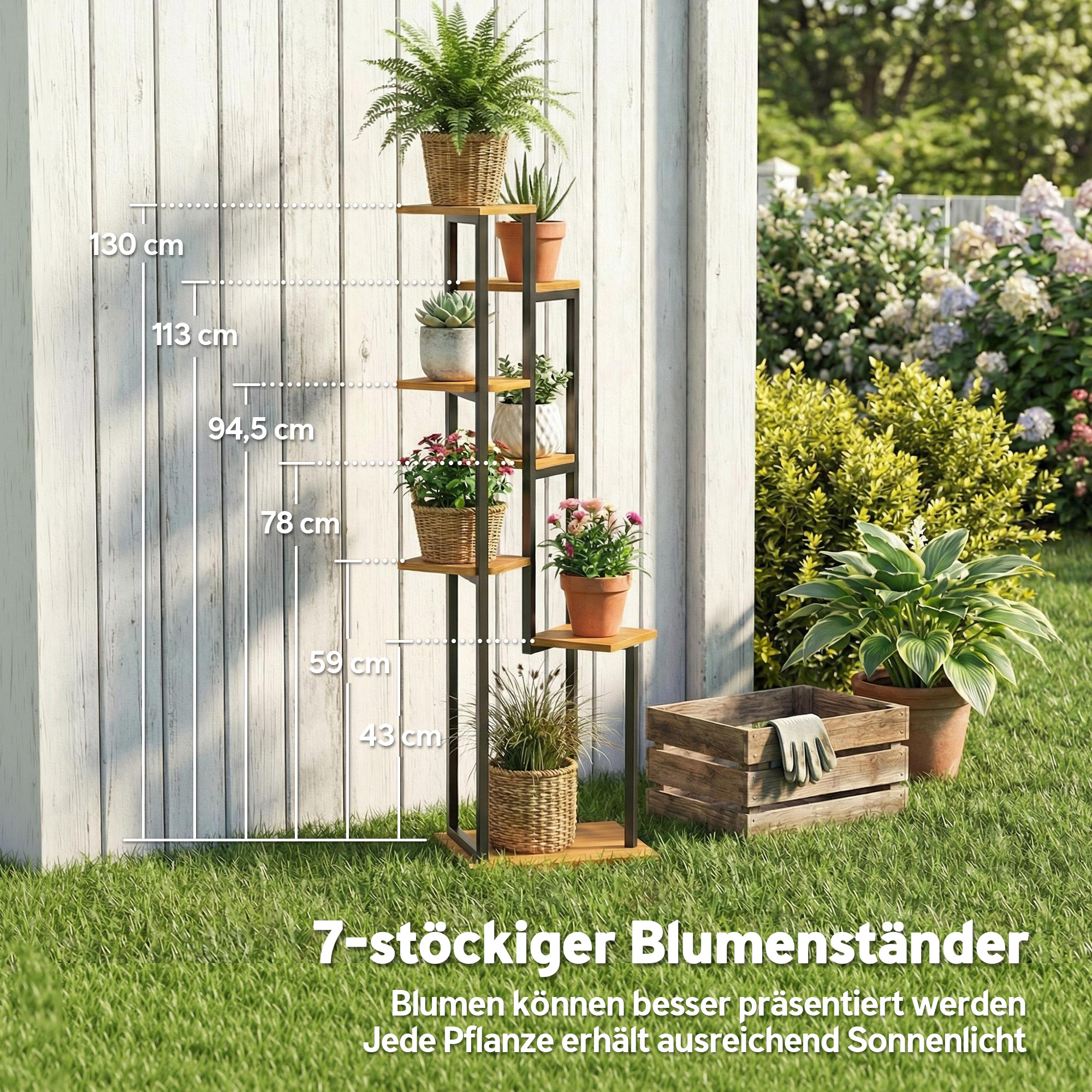 7-Etagen Pflanzenständer, 130 cm hoch Blumenständer, Gestuftes Pflanzenregal aus Holz, mehrstöckig Hellbraun