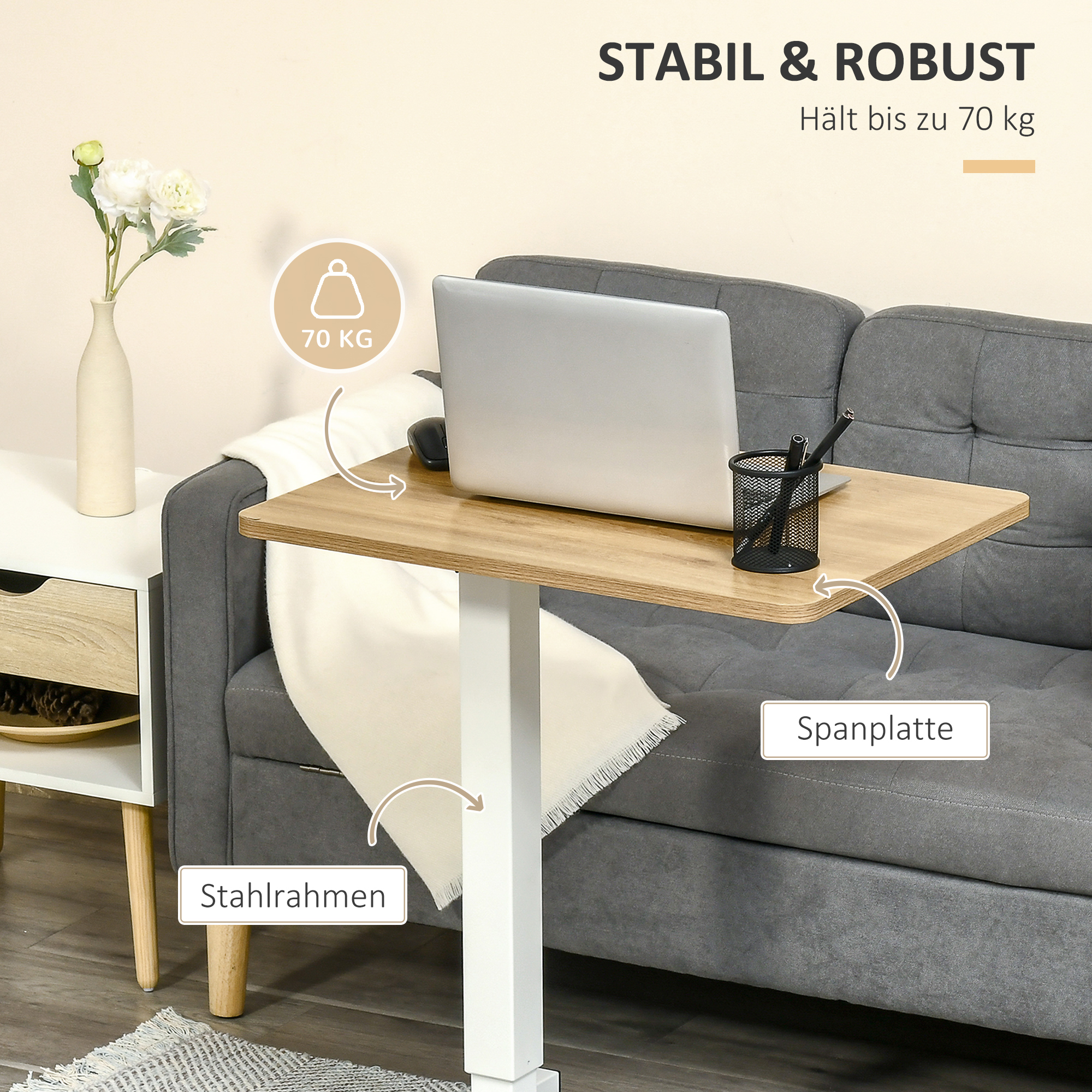 Stehpult Höhenverstellbar inkl. 4 Rollen C-Form 65 cm x 48 cm x 70-110 cm  Natur + Weiß