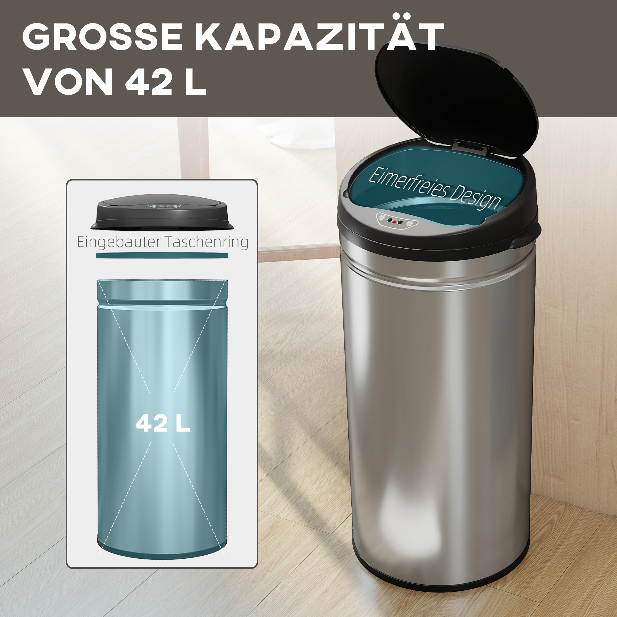 42 Liter Sensor-Mülleimer mit Soft-Close-Funktion, berührungsfreier Abfalleimer aus Edelstahl für hygienische Küchen