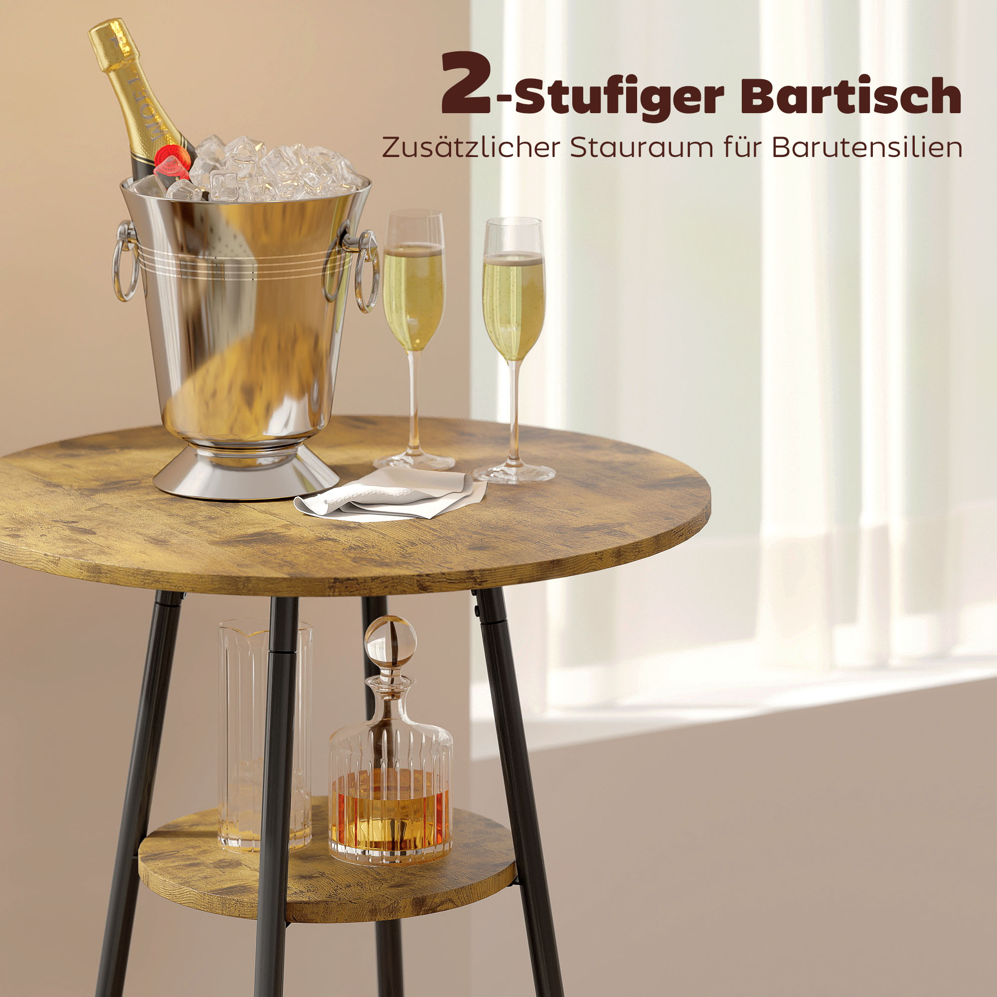 3-teiliges Bartisch-Set mit 2 gepolsterten Hockern, Kunstleder-Bezug, Rückenlehne, Metallgestell, Braun