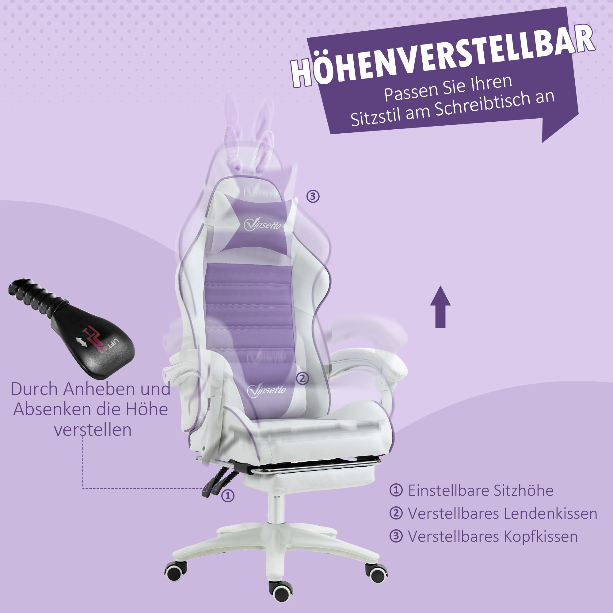 Gaming Stuhl Ergonomischer Gamer Stuhl mit Lendenwirbelstütze, Fußstütze Hasenohren Kopfkissen Violett