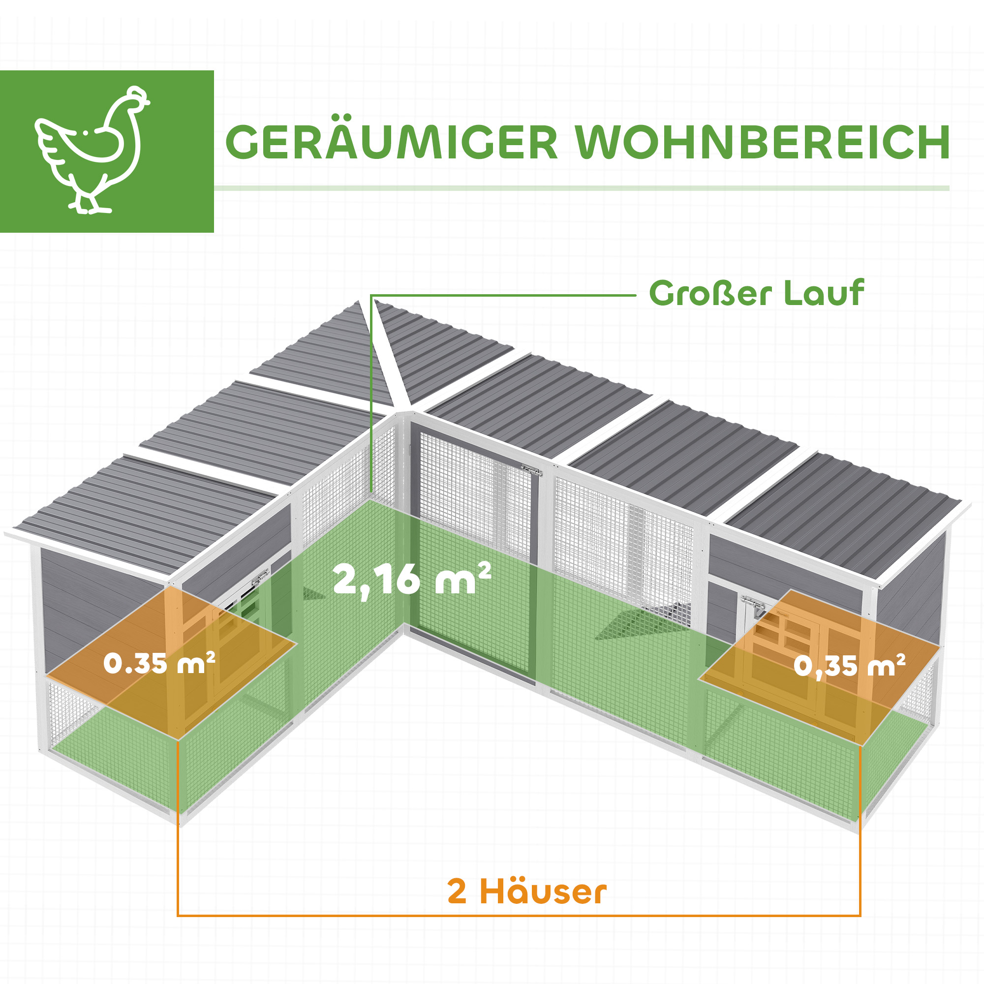 Hühnerstall L-förmiges Hühnerhaus aus Holz mit 2 Häusern, 2 Ebenen, Auslauf, Rampe, 251 x 192 x 103 cm Grau