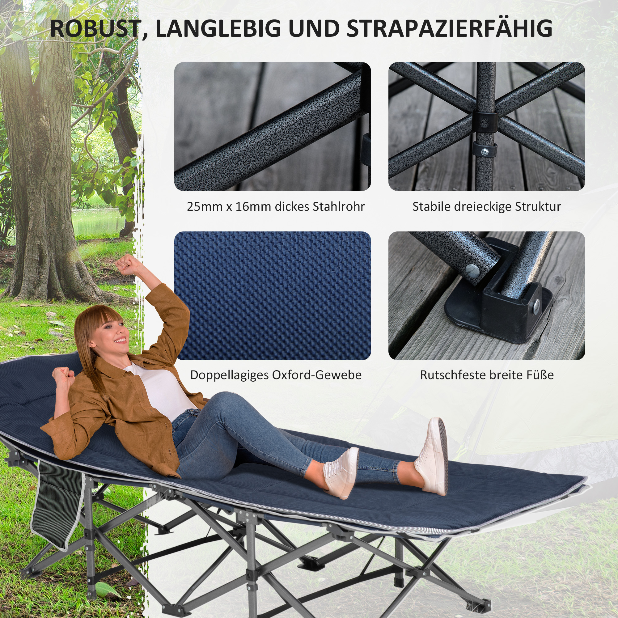 Campingbett, klappbares Feldbett mit Kopfkissen, 188 x 64,5 x 53 cm, Dunkelblau