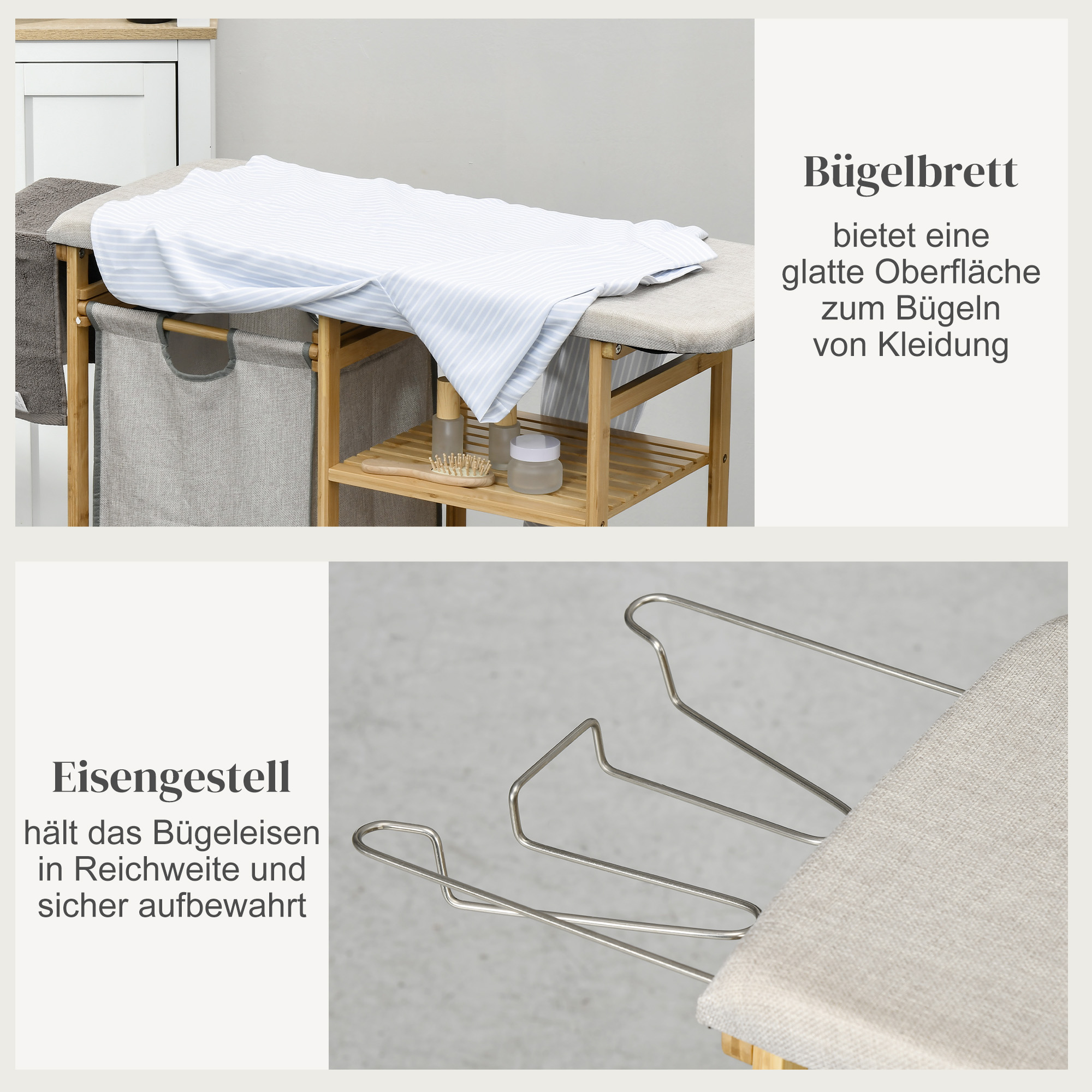 Wäschesammler, multifunktional, Bügelbrett & Stoffsack 57L, Bambusgestell, 113x34x82cm, Natur/Grau