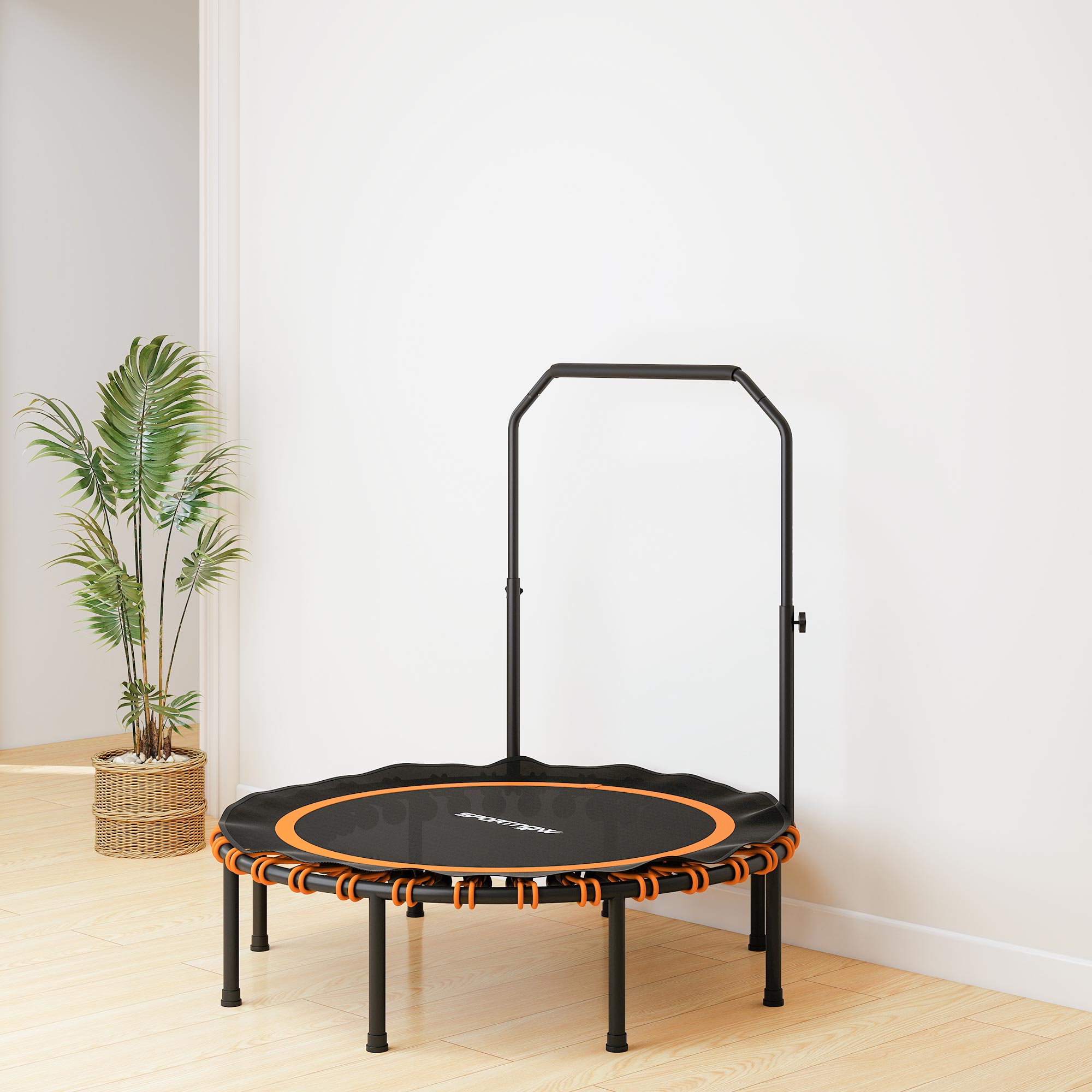 Fitness-Trampolin mit verstellbarem Handlauf, Sport-Trampolin für drinnen und draußen, Stahl, Kunststoff, Orange
