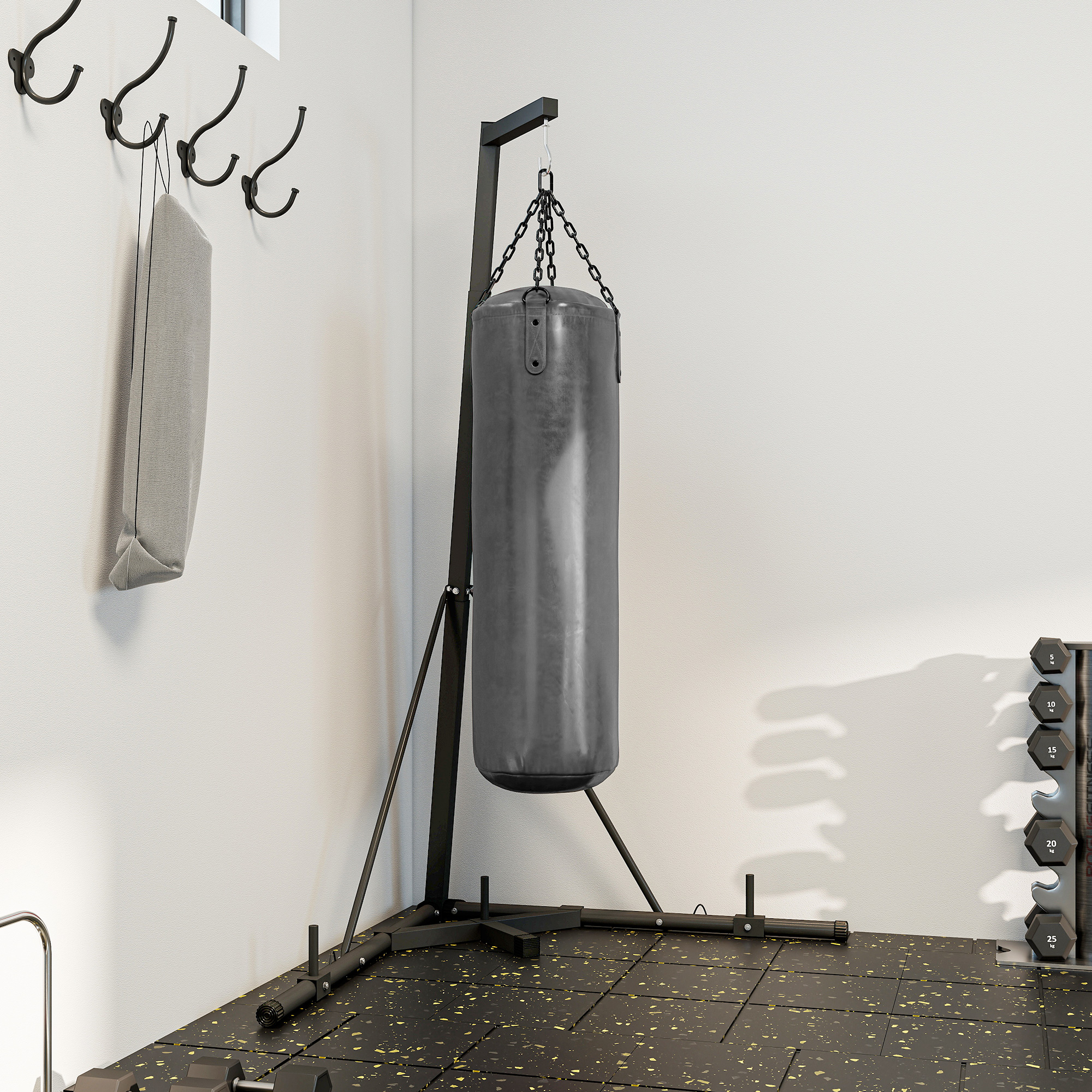 Boxsackständer, Boxsackhalterung, höhenverstellbar, freistehend, klappbar, Stahl, 170 x 90 x 225 cm, schwarz