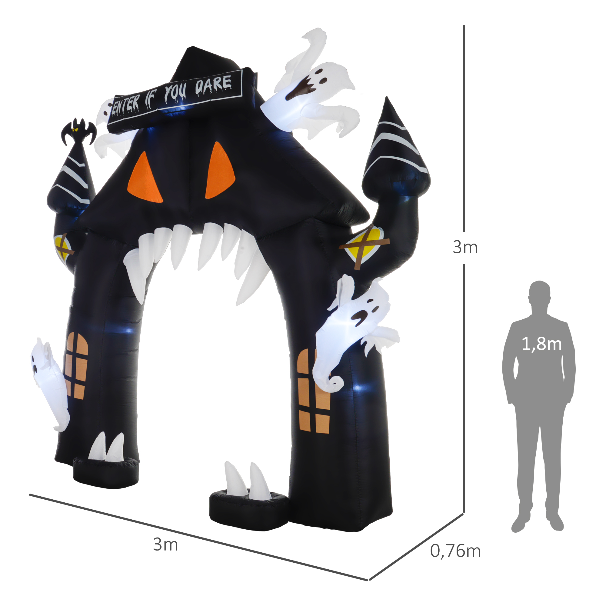 Aufblasbarer Halloween-Torbogen, 4 Geister, LED-Lichter, wasserdicht, 300 x 76 x 300 cm
