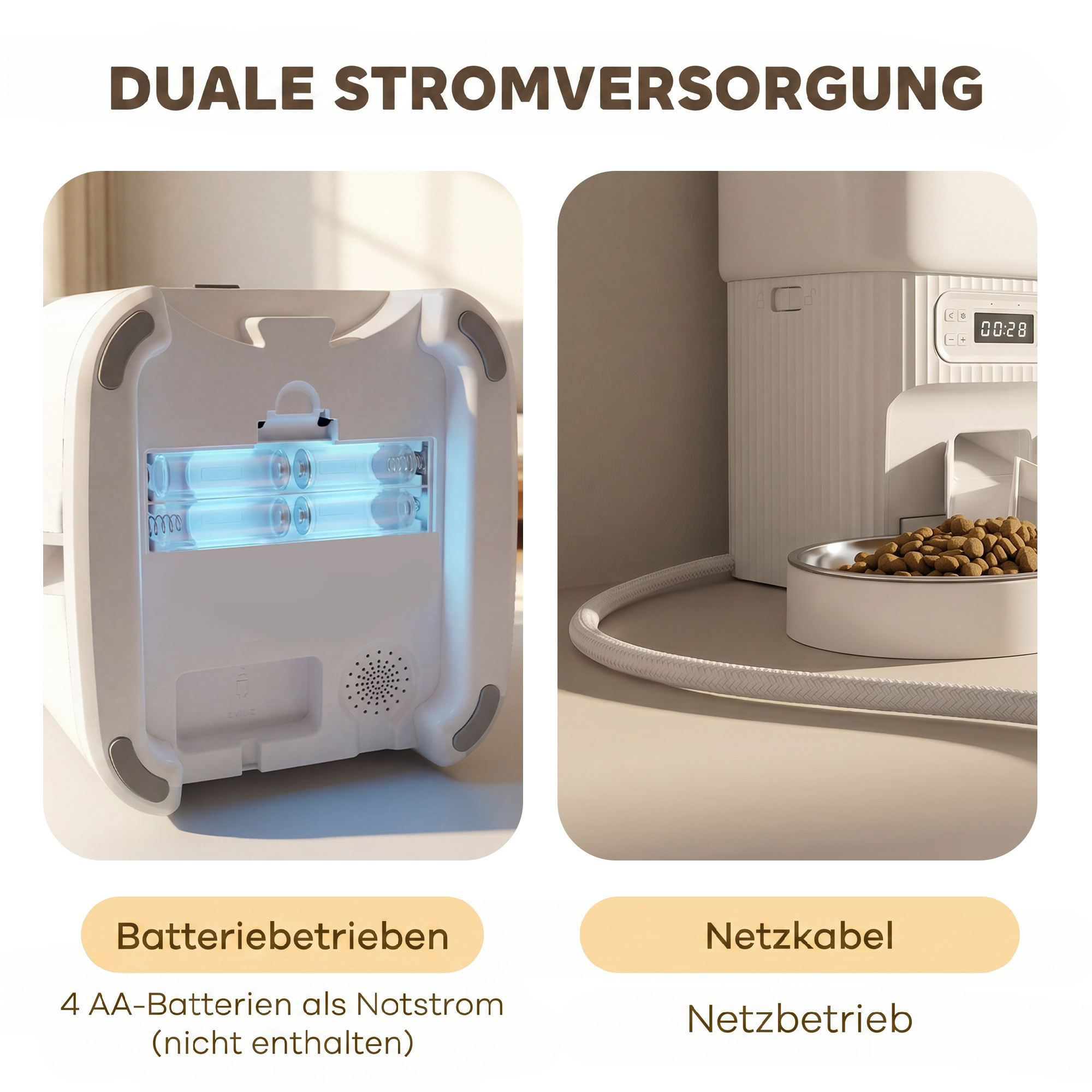 automatischer Katzenfutterspender mit Zeitschaltuhr, Portionierung und 2 Edelstahlnäpfen