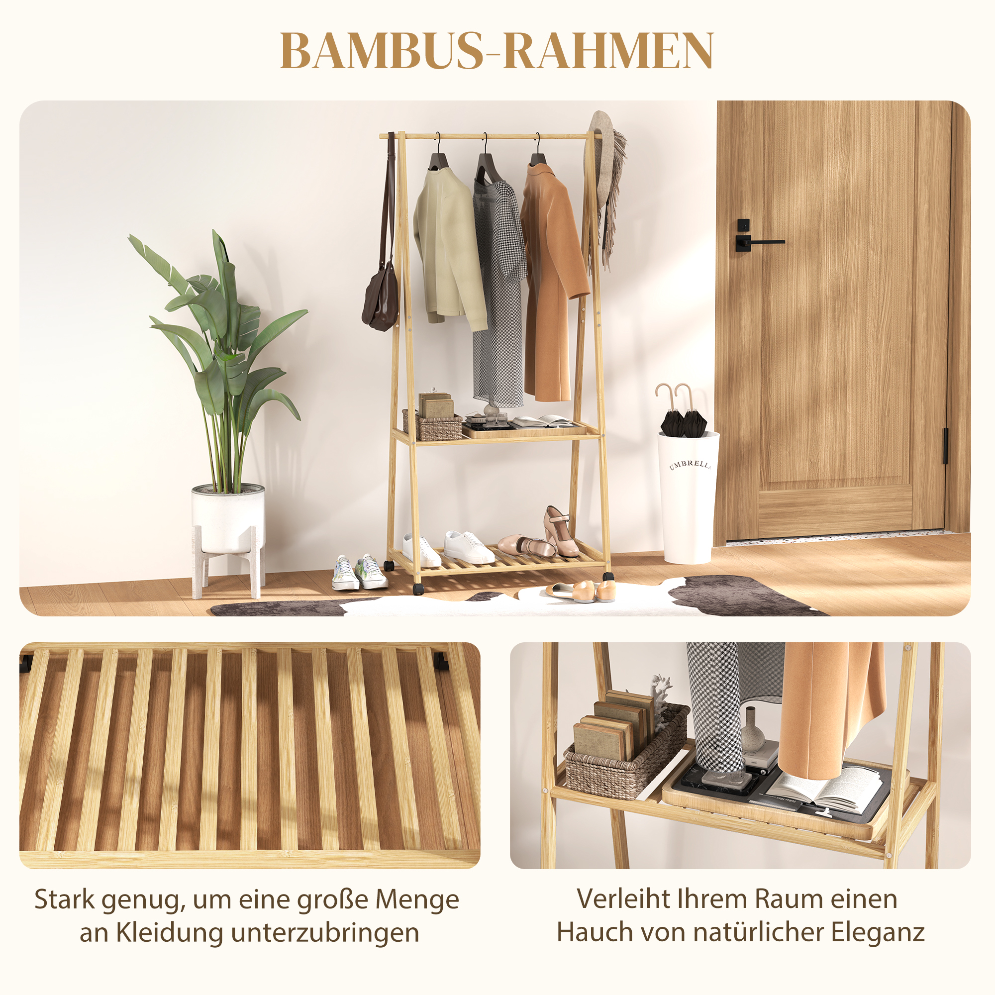 Kleiderständer, 2 untere Regale, 67 cm lange Kleiderstange, Bambusholz, Rollen