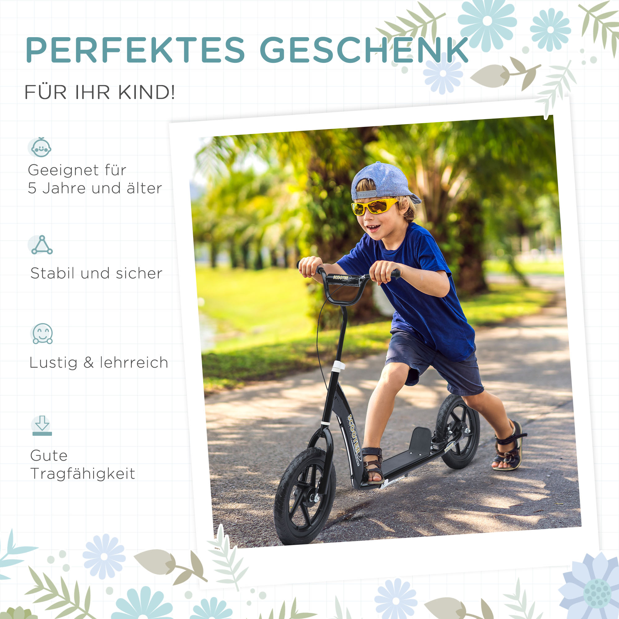 Kinderroller mit Hinterbremse Kickscooter 12 Zoll Tretroller Roller Scooter Cityroller für Kinder Kickboard Höhenverstellbar Stahl EVA Schwarz 120 x 52 x 80-88 cm