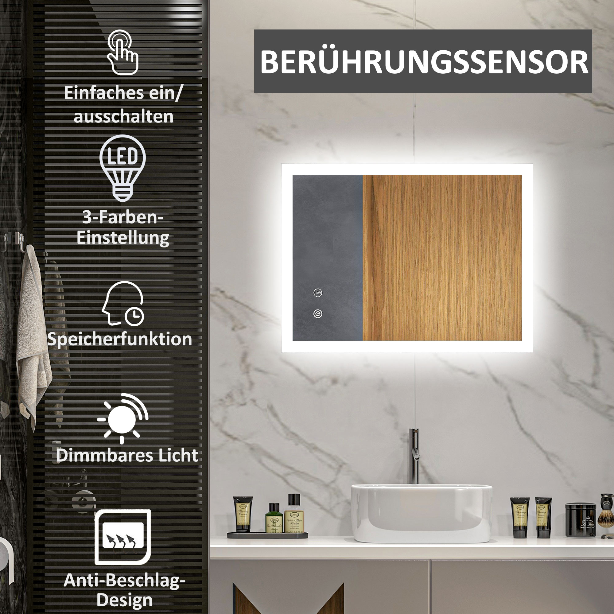 LED Badezimmerspiegel, Hintergrundbeleuchtung, Touch-Funktion, Memory-Funktion, kein Beschlagen, 70 x 50 cm