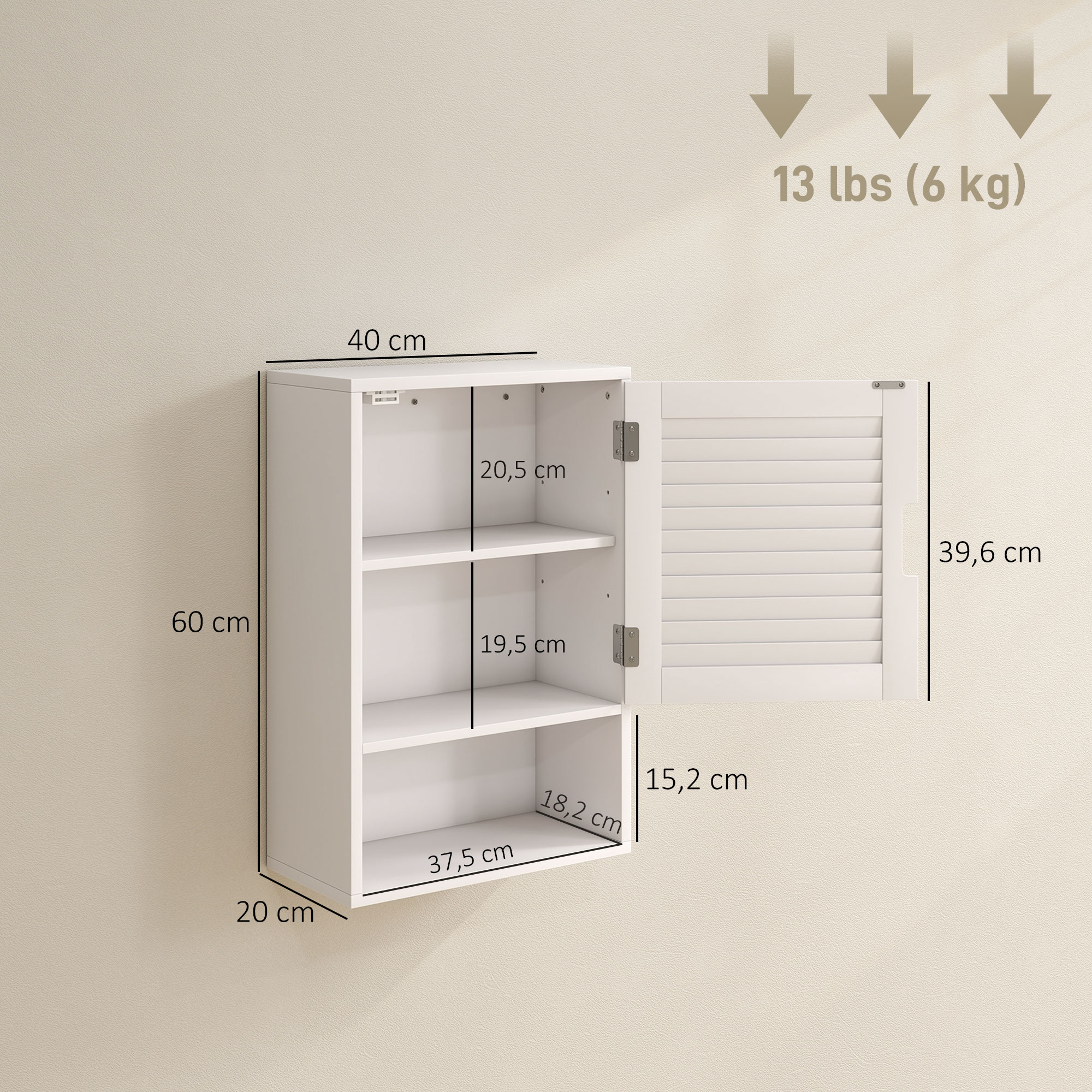Badezimmerschrank Hängeschrank Wandschrank Badschrank mit 1 Tür, verstellbaren Ablagen 40 x 20 x 60 cm Weiß